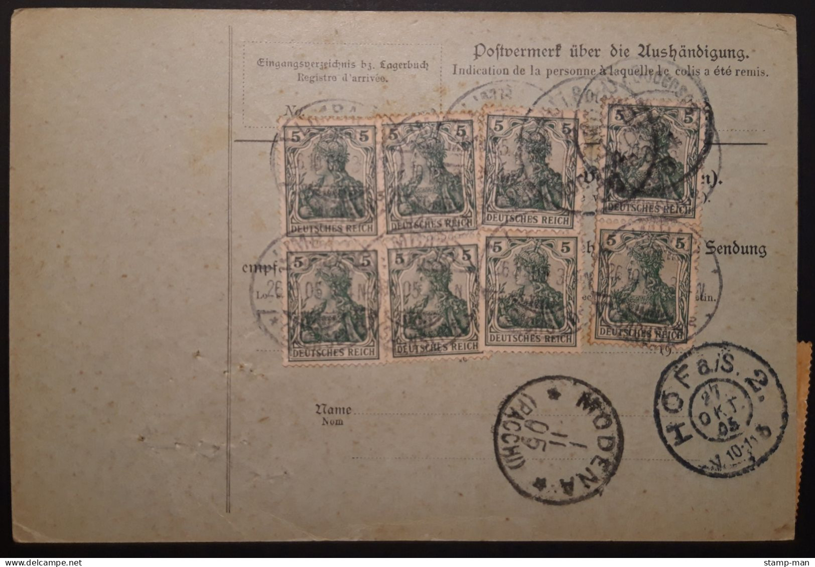 Deutsches Reich. 1905. Paketkarte Limbach-Modena. MiF Mi. Nr. 70 (8), 78A. - Briefe U. Dokumente