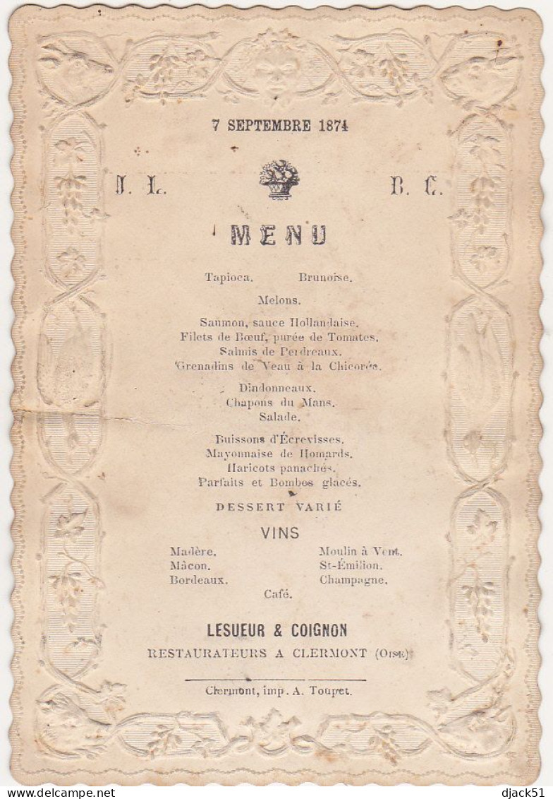 Lot De 2 Anciens Menus / 1874 / Le Marié - La Mariée / LESUEUR & COIGNON Restaurateurs à Clermont (Oise) - Menus