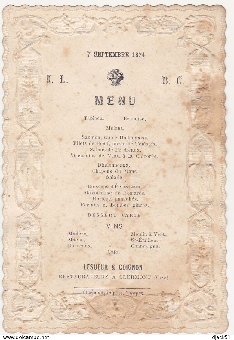 Lot De 2 Anciens Menus / 1874 / Le Marié - La Mariée / LESUEUR & COIGNON Restaurateurs à Clermont (Oise) - Menus