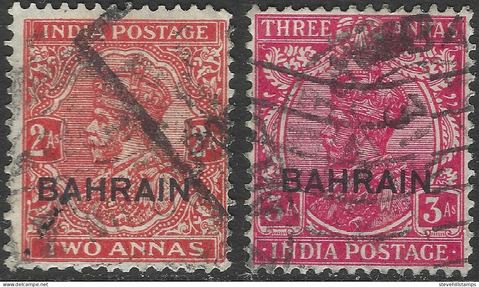 Bahrain. 1934-37 KGV Stamps Of India Surcharged. 2a, 3a Used. SG 17a, 18. M5014 - Bahrain (...-1965)