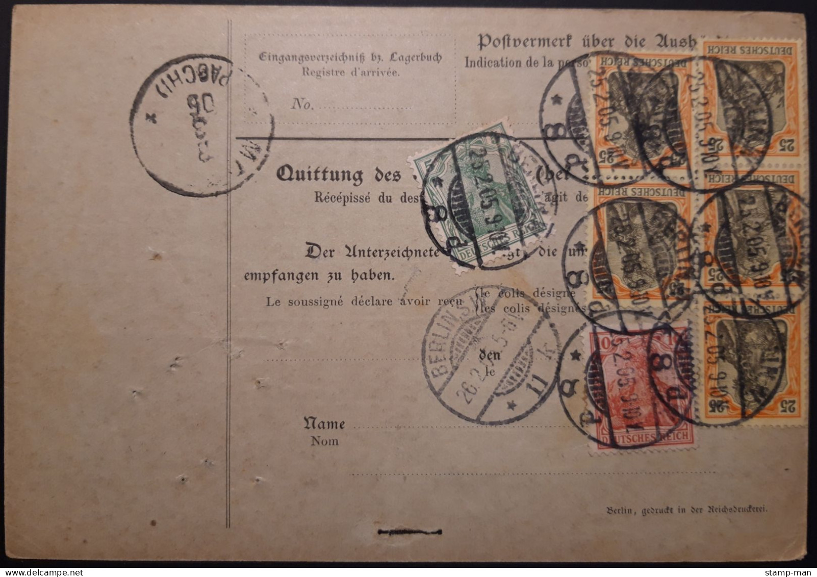 Deutsches Reich. 1905. Paketkarte Nachnahme NN Berlin-Modena. MiF Mi. Nr. 70, 71, 73 (6). - Storia Postale