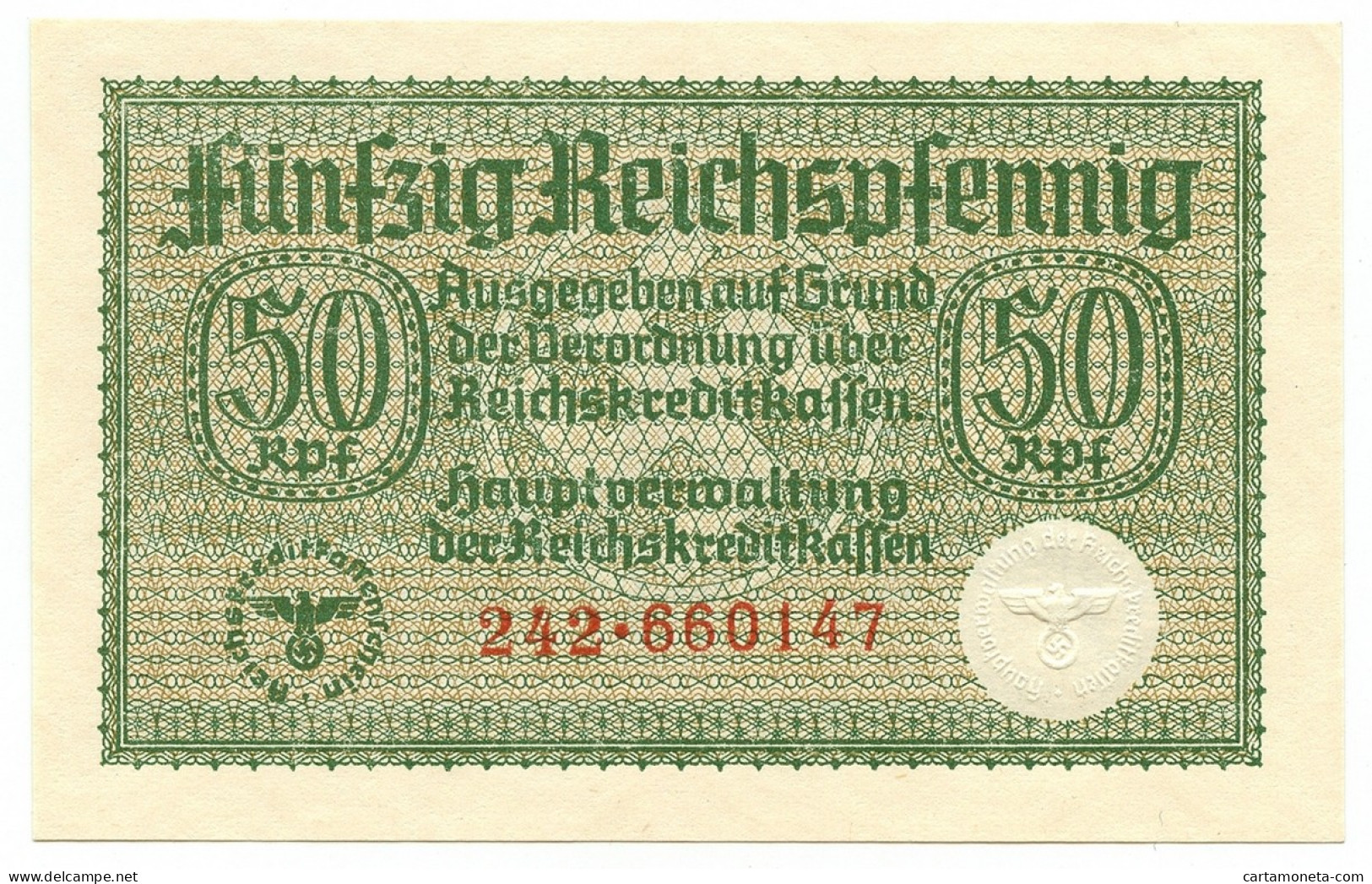 50 REICHSPFENNIG OCCUPAZIONE TEDESCA IN ITALIA REICHSBANK 1943 FDS-/FDS - Occupazione Alleata Seconda Guerra Mondiale