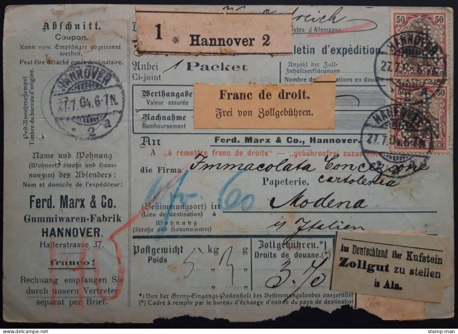 Deutsches Reich. 1904. Paketkarte Hannover-Modena. Perfin MiF MiNr 71(4) Und 76(2). - Briefe U. Dokumente