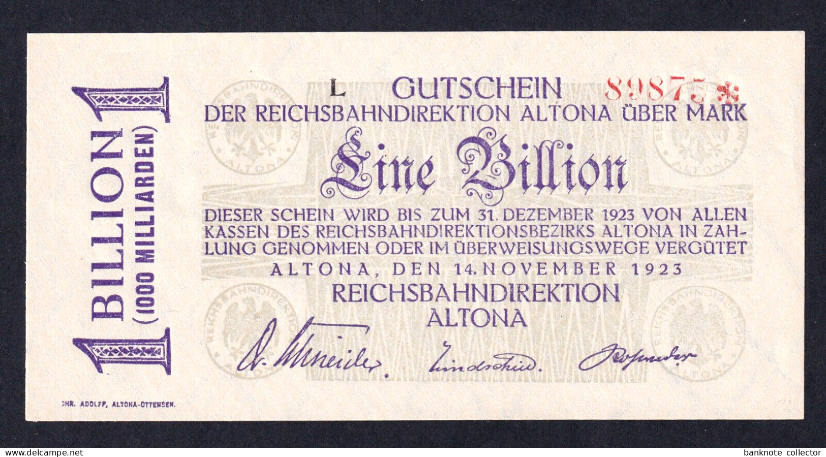 Deutschland, Germany, Reichsbahndirektion Altona - 1 Billionen Mark, 1923 ! - 1 Biljoen Mark