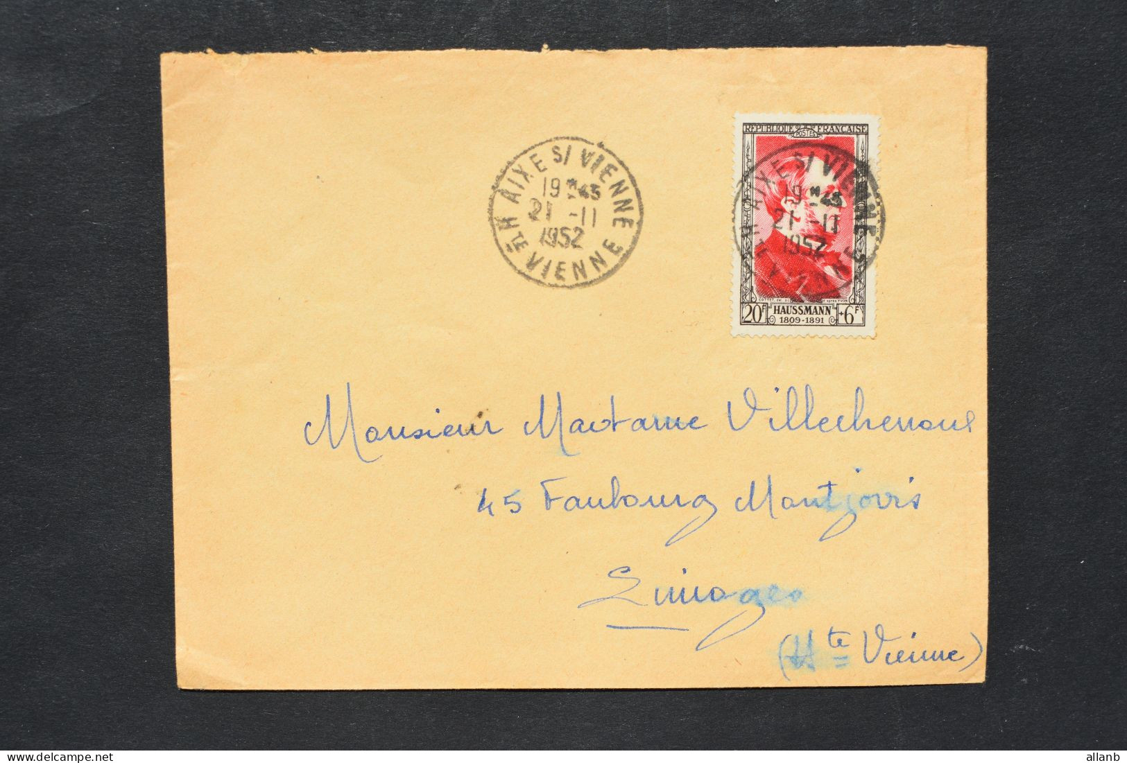 France - Baron Haussmann N° 934 Seul Sur Lettre D'Aixe Sur Vienne Du 21 Nov 1952 - Brieven En Documenten
