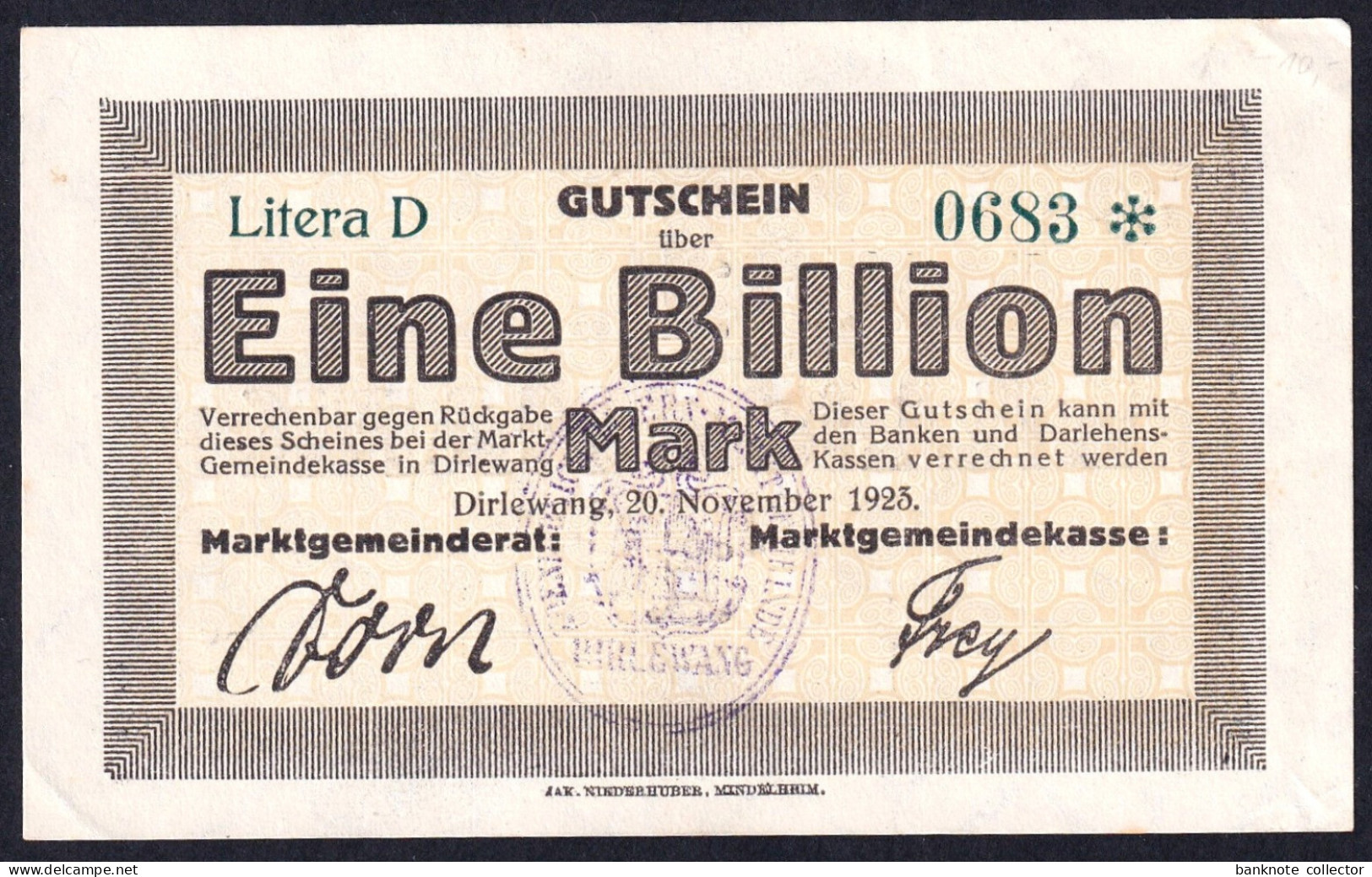 Deutschland, Germany, Dirlewang - 1 Billionen Mark, 1923 ! - 1 Biljoen Mark