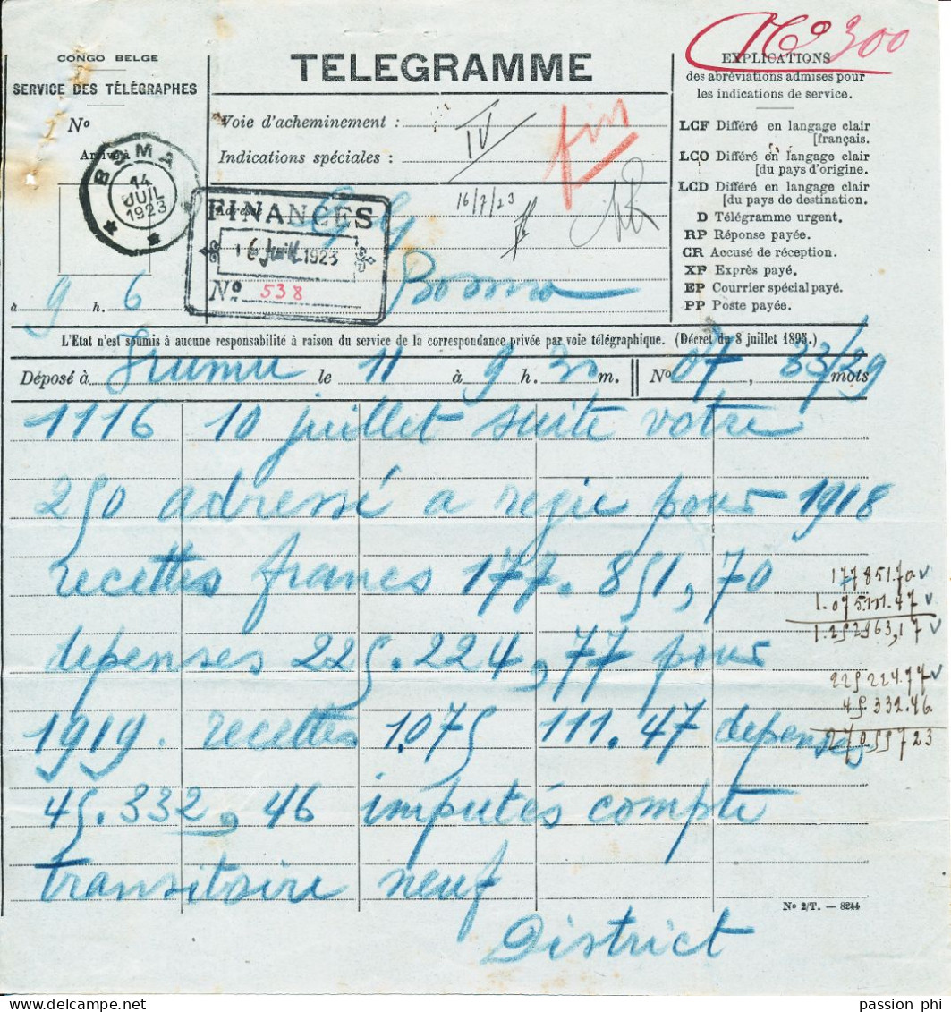 BELGIAN CONGO  FORMULAIRE TELEGRAPHIQUE DESTINATAIRE N° 2/T 8244 BOMA 14.07.1923 MINES DE KILO MOTO - Autres & Non Classés