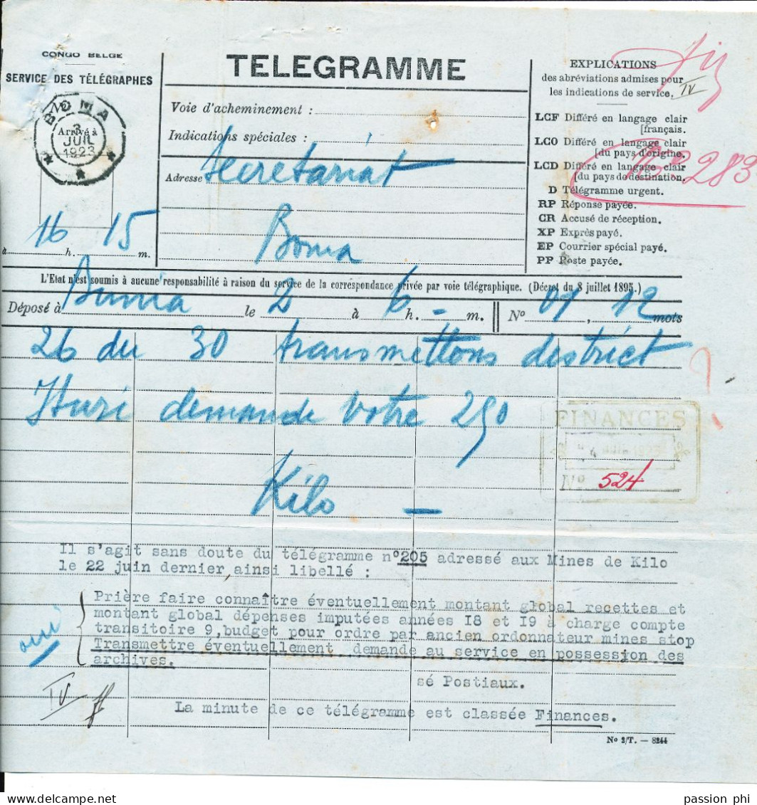 BELGIAN CONGO  FORMULAIRE TELEGRAPHIQUE DESTINATAIRE N° 2/T 8244 BOMA 14.07.1923 MINES DE KILO MOTO - Andere & Zonder Classificatie