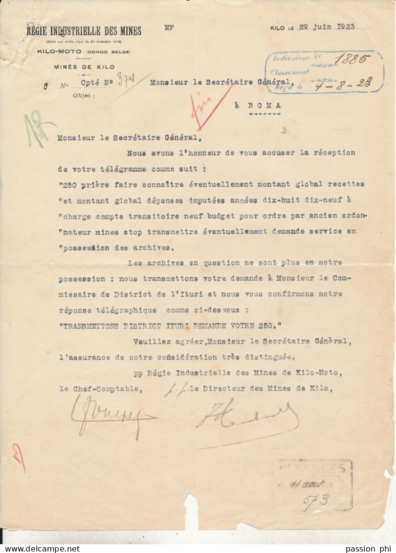 BELGIAN CONGO  FORMULAIRE TELEGRAPHIQUE DESTINATAIRE N° 2/T 8244 BOMA 14.07.1923 MINES DE KILO MOTO - Other & Unclassified