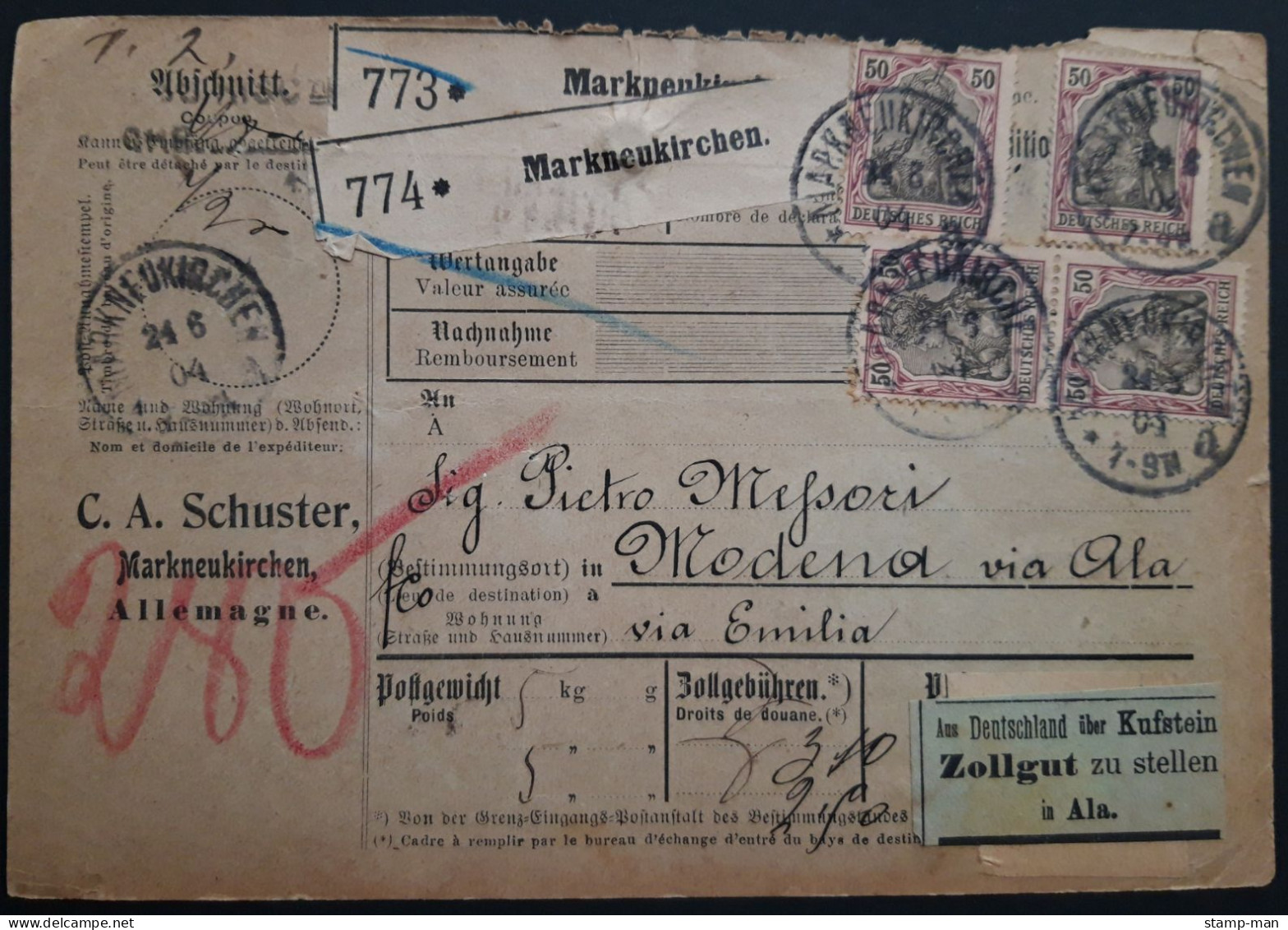 Deutsches Reich. 1904. Paketkarte Markneukirchen-Modena. MiF MiNr 74 Und 76 (5). - Storia Postale