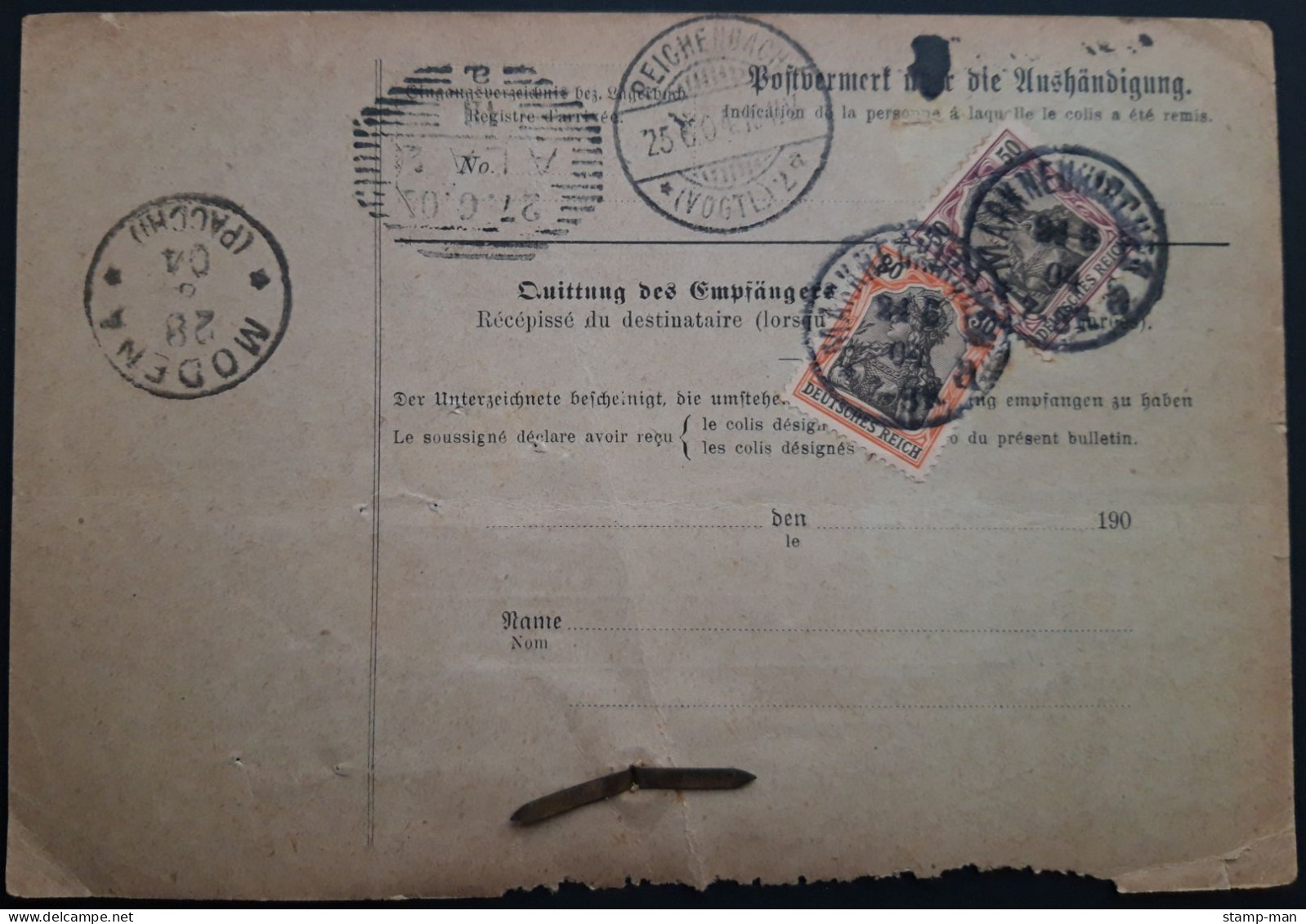 Deutsches Reich. 1904. Paketkarte Markneukirchen-Modena. MiF MiNr 74 Und 76 (5). - Briefe U. Dokumente