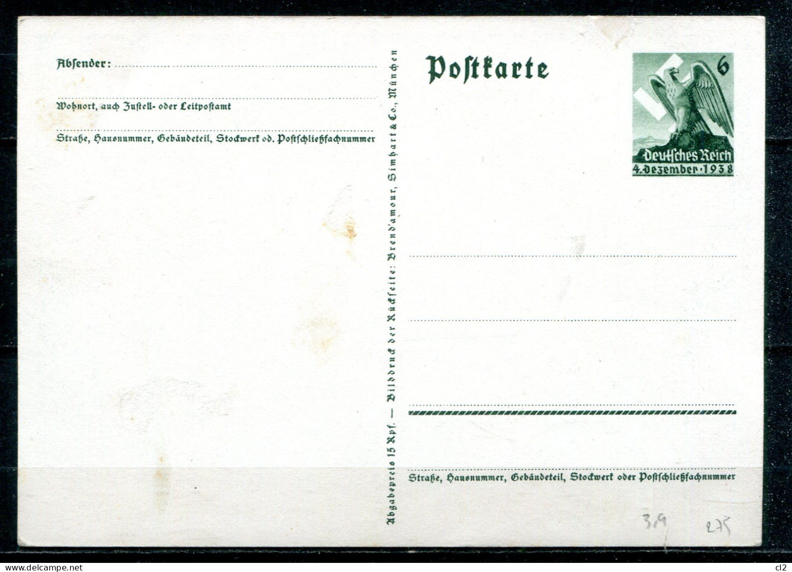 ALLEMAGNE - Entier Postal, Ganzache Michel P275** - Annexion Du Territoire Des Sudètes - Cartes Postales