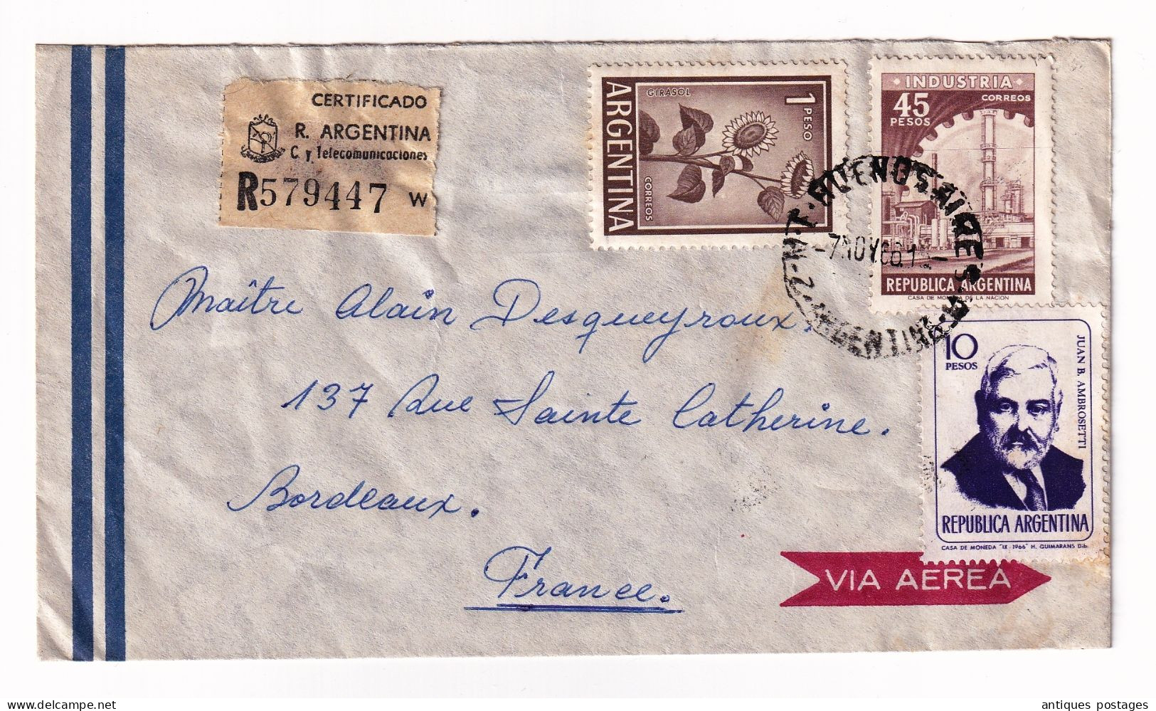 Argentina Certificado 1966 Buenos Aires Argentine Lettre Recommandée Pour Bordeaux Gironde Via Aera Lassalle Barrère - Lettres & Documents