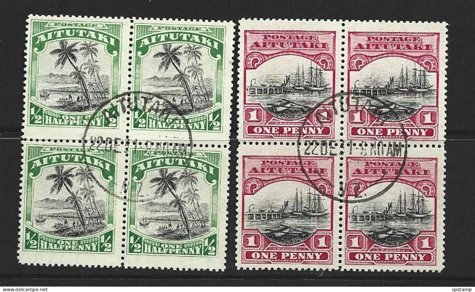 Aitutaki 1924 1/2d & 1d Watermarked Definitives Blocks Of 4 VFU , Crisp Central Cds - Aitutaki