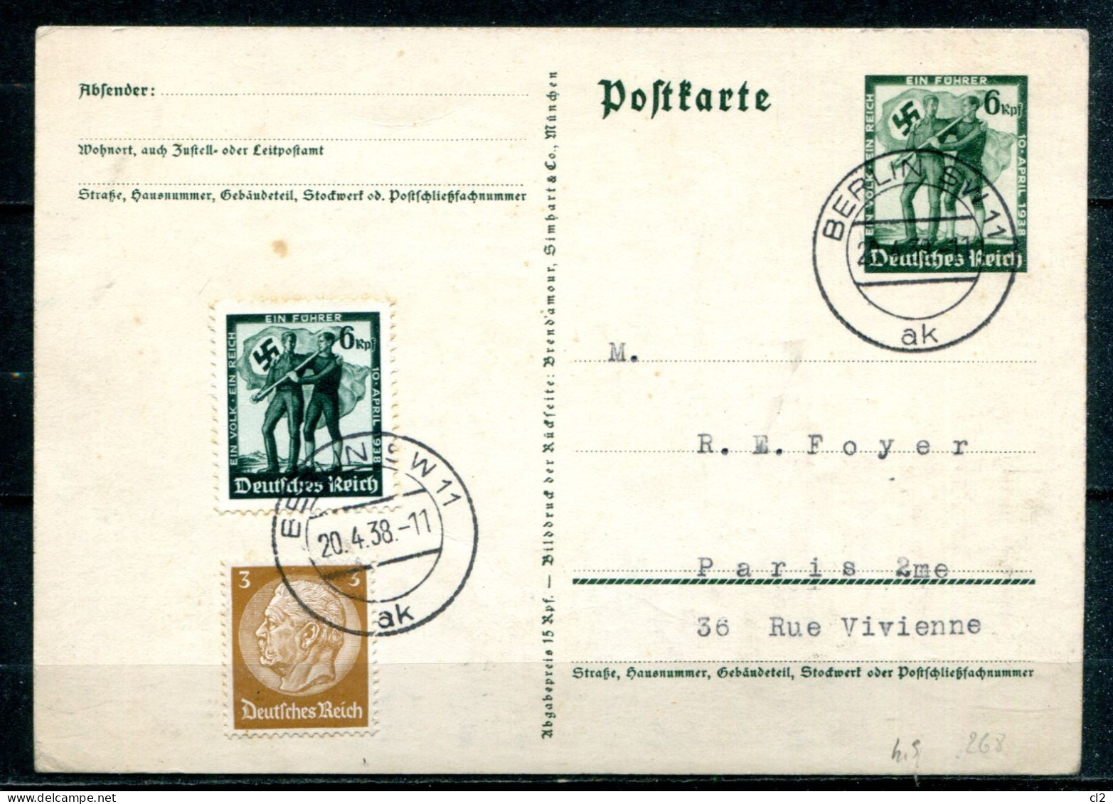 ALLEMAGNE - Entier Postal, Ganzache Michel P268 - Berlin Nach Paris - Cartes Postales