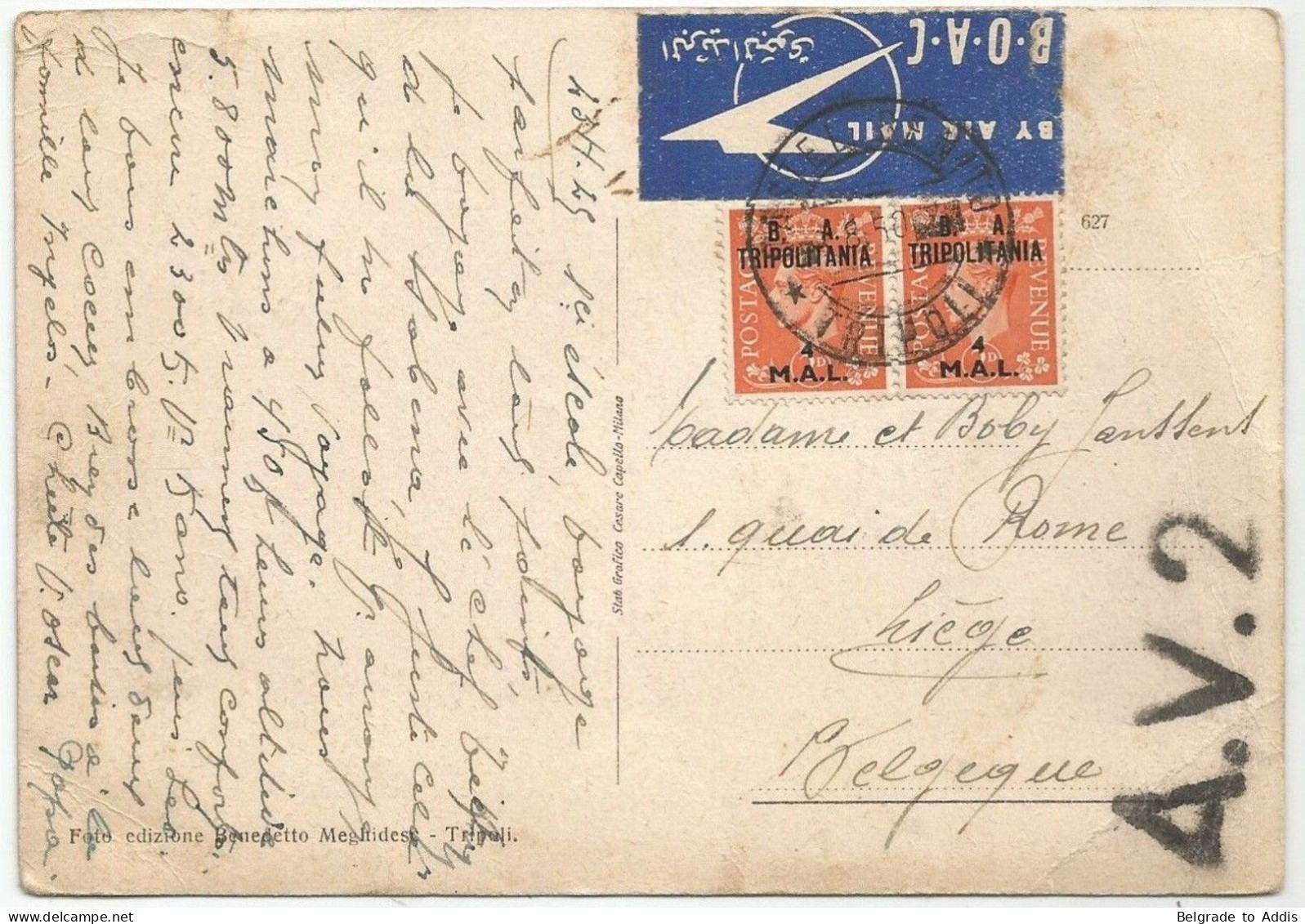 Libya Italy Italia Tripolitania British Occupation B.A. Sassone 17 Overprinted 1950 Air Mail Postcard Tripoli To Belgium - Tripolitania