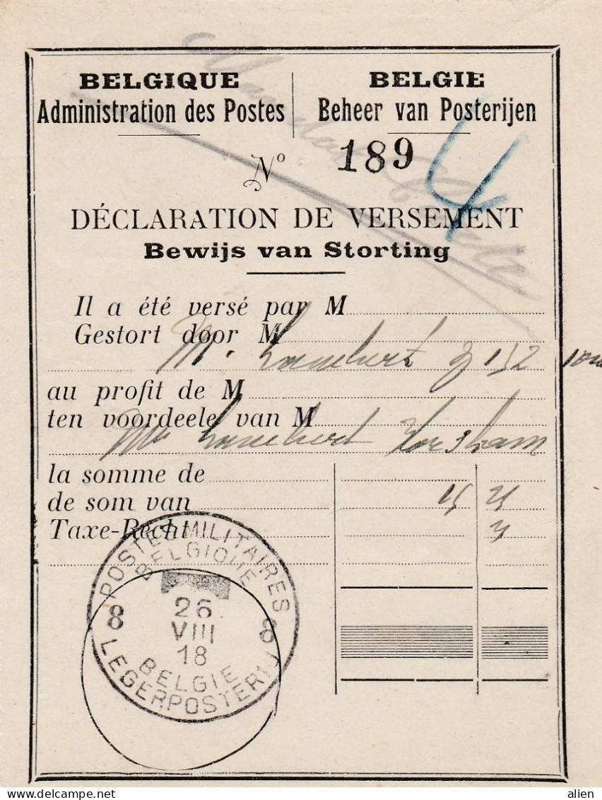 Déclaration De Versement/Stortingsbewijs Van Z132 Afgestempeld "Belgie Legerpost 8" Op 26/8/18. RR - Army: Belgium