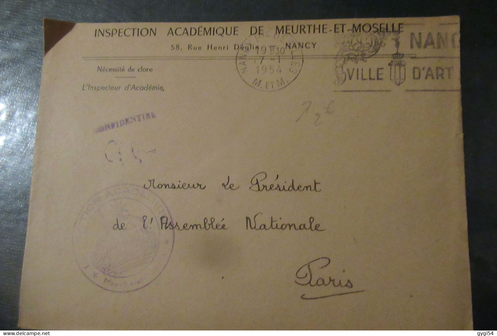 FRANCE Lettre  Du  17 01 1954 De NANCY  POUR LE PRESIDENT DE L' Assemblée Nationale - Cartas & Documentos