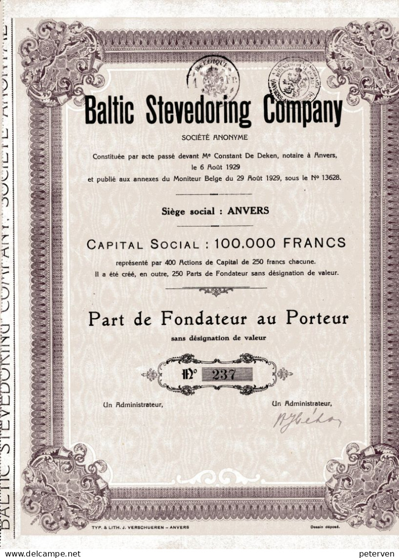 BALTIC STEVEDORING COMPANY; Part De Fondateur - Navegación
