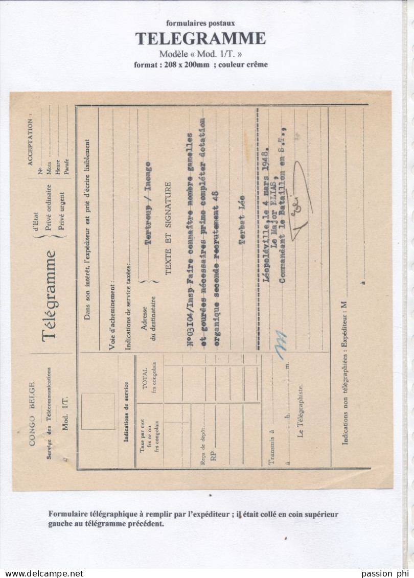BELGIAN CONGO  FORMULAIRE TELEGRAPHIQUE EXPEDITEUR MOD 1/T LEO 04.03.1948 - Sonstige & Ohne Zuordnung