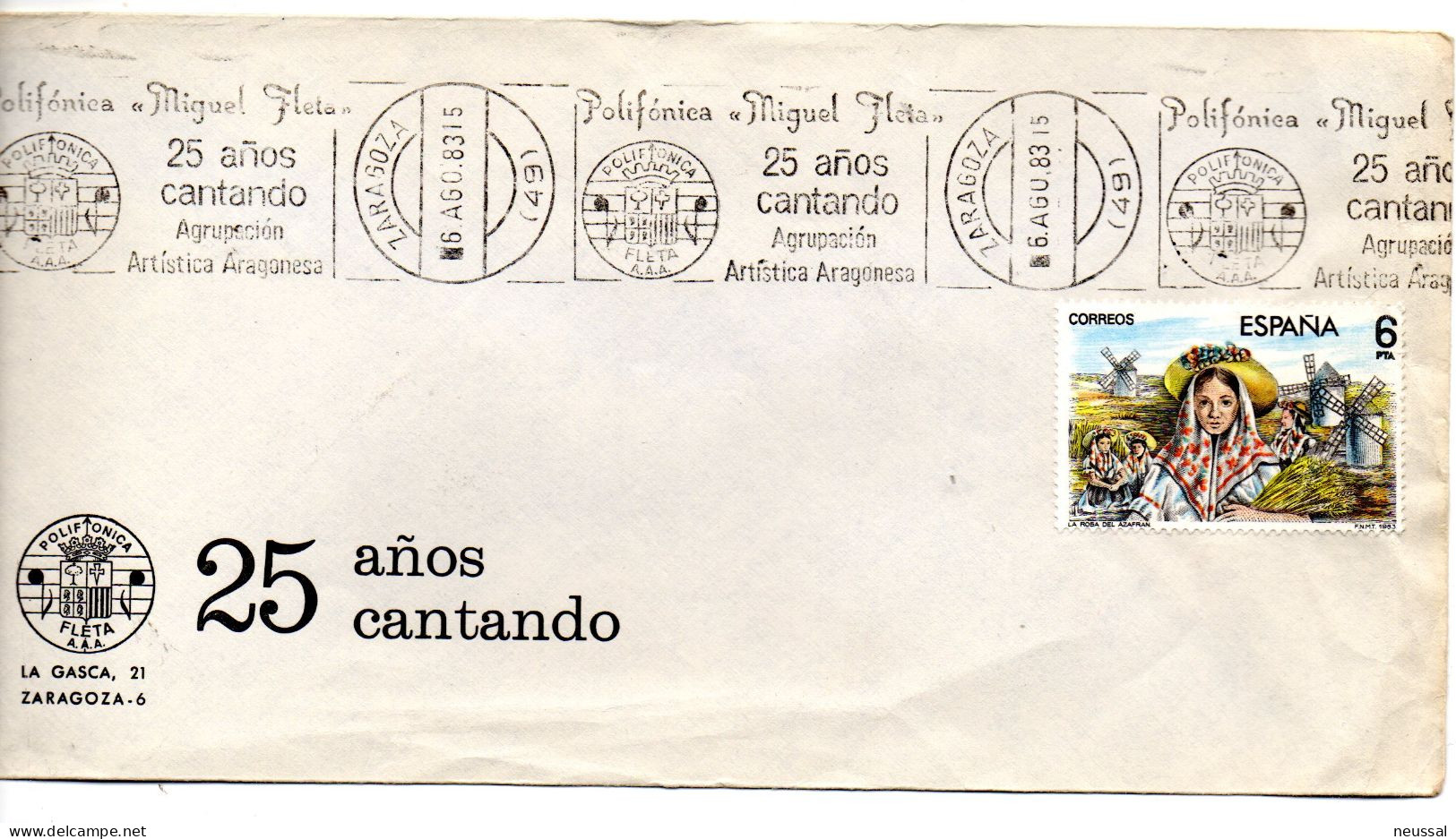 Carta Con Matasellos Commemorativo De Polifonica Miguel Fleta De 1983 - Brieven En Documenten