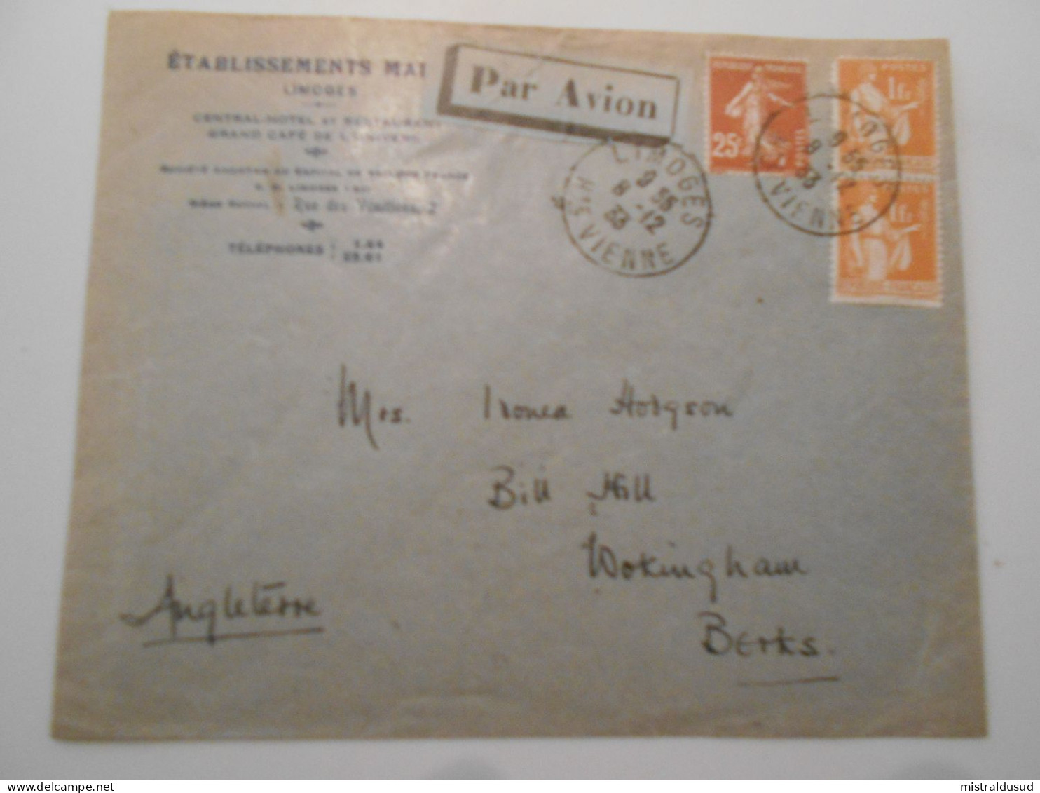 France Poste Aerienne , Lettre  De Limoges 1933 Pour Berks - 1927-1959 Cartas & Documentos