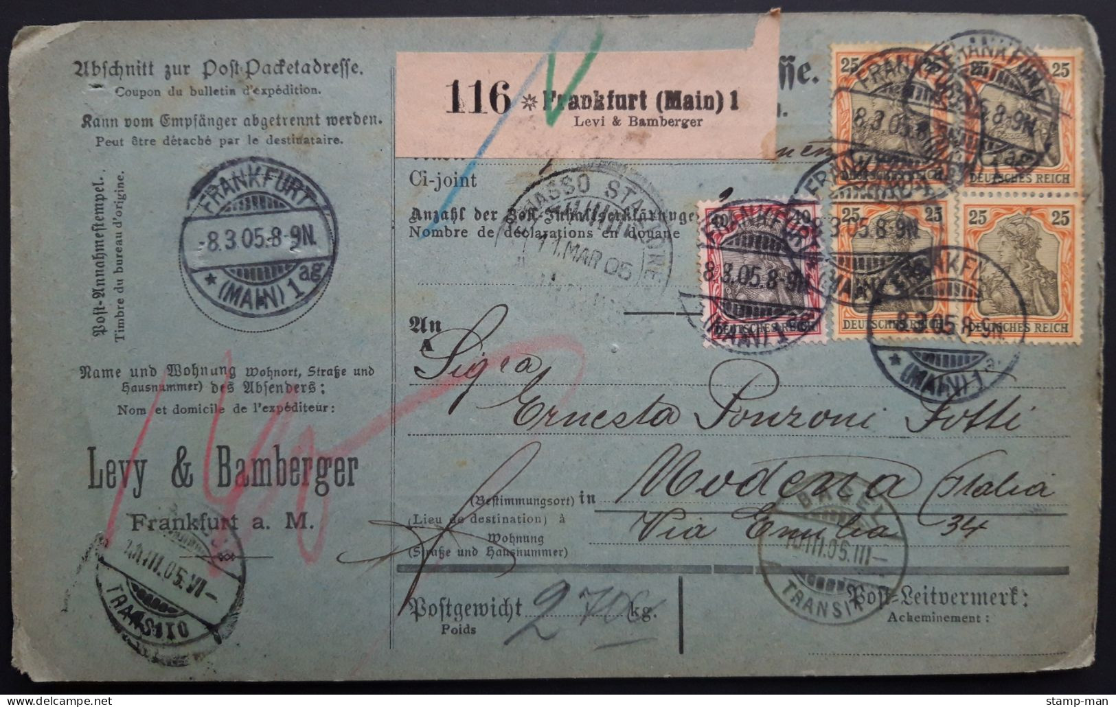 Deutsches Reich. 1905. Paketkarte Frankfurt (Main)-Modena. MiF MiNr 73 (4) Und 75. - Briefe U. Dokumente