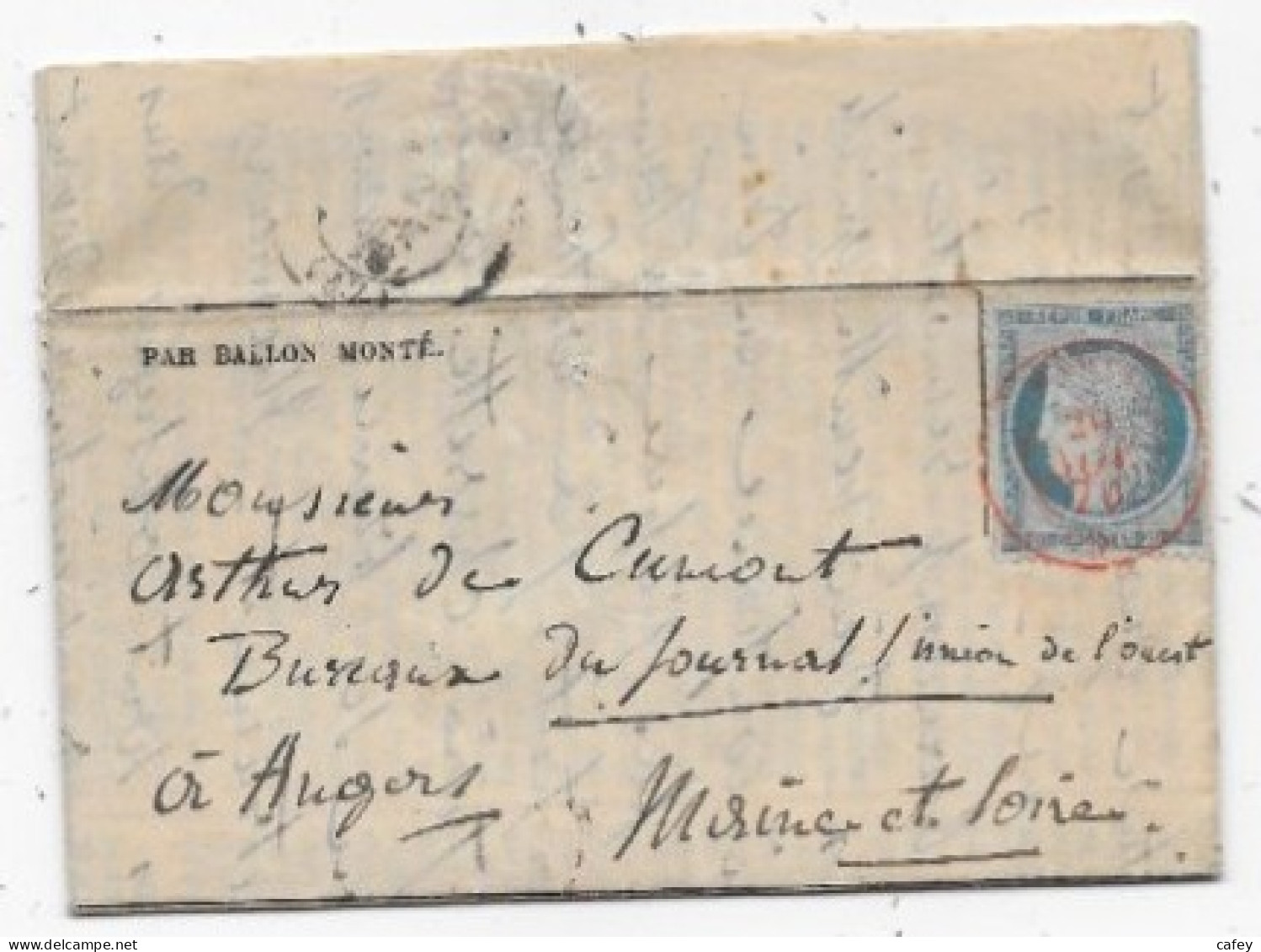 Guerre 1870 SIEGE DE PARIS Lettre GAZETTE DES ABSENTS Par BALLON MONTE Timbre N° 37 Càd Rouge PARIS SC 20/11 P/ ANGERS - War 1870