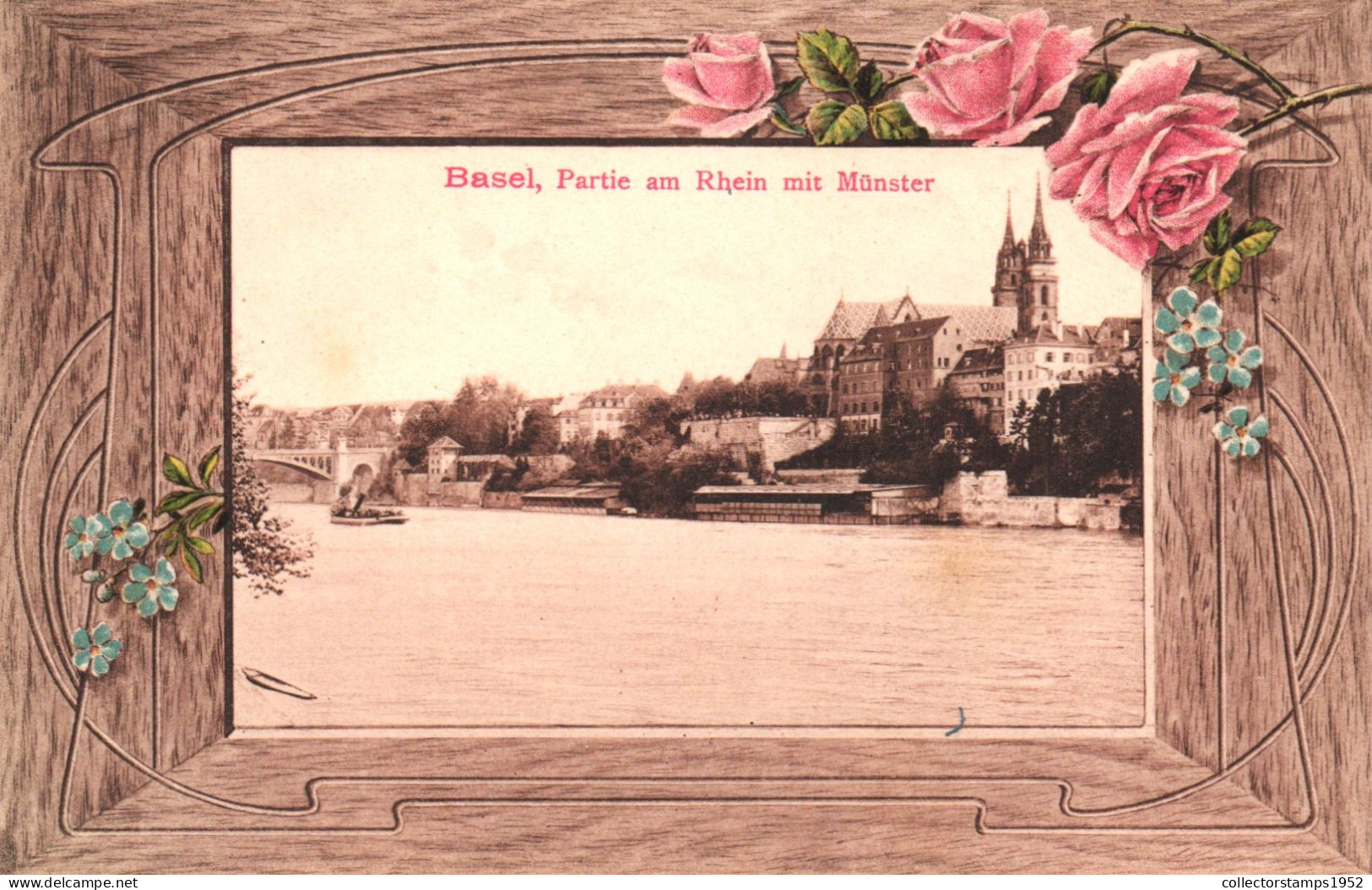 BASEL, ARCHITECTURE, BRIDGE, BOAT, CATHEDRAL, ROSES, SWITZERLAND, POSTCARD - Bâle