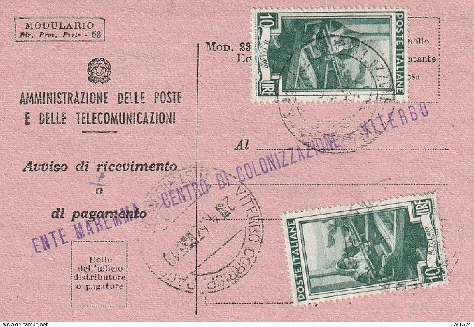 AVVISO RICEVIMENTO 1953 2X10 TIMBRO VITERBO (XT3684 - 1946-60: Poststempel