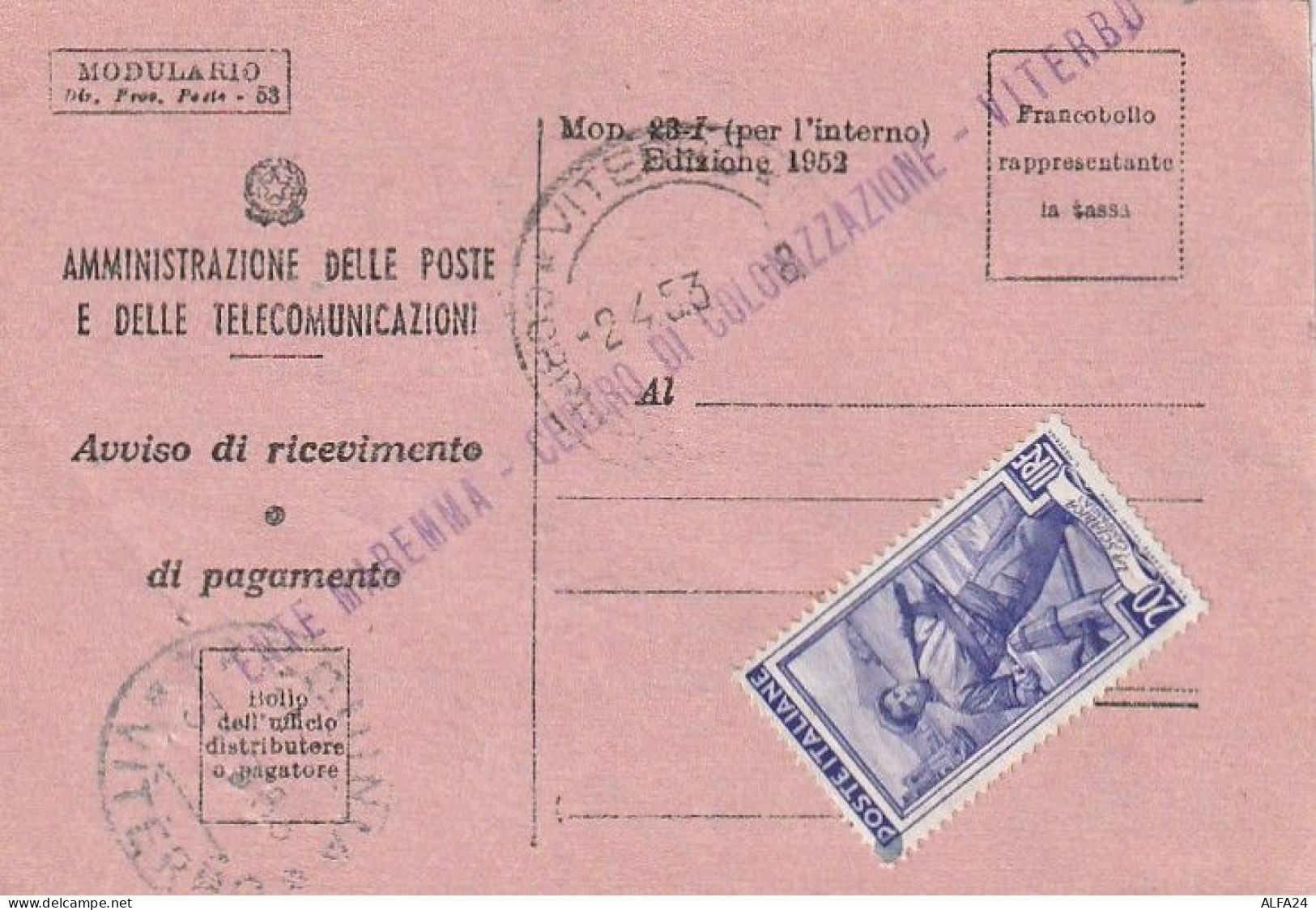 AVVISO RICEVIMENTO 1953 20 TIMBRO VITERBO (XT3688 - 1946-60: Marcophilia
