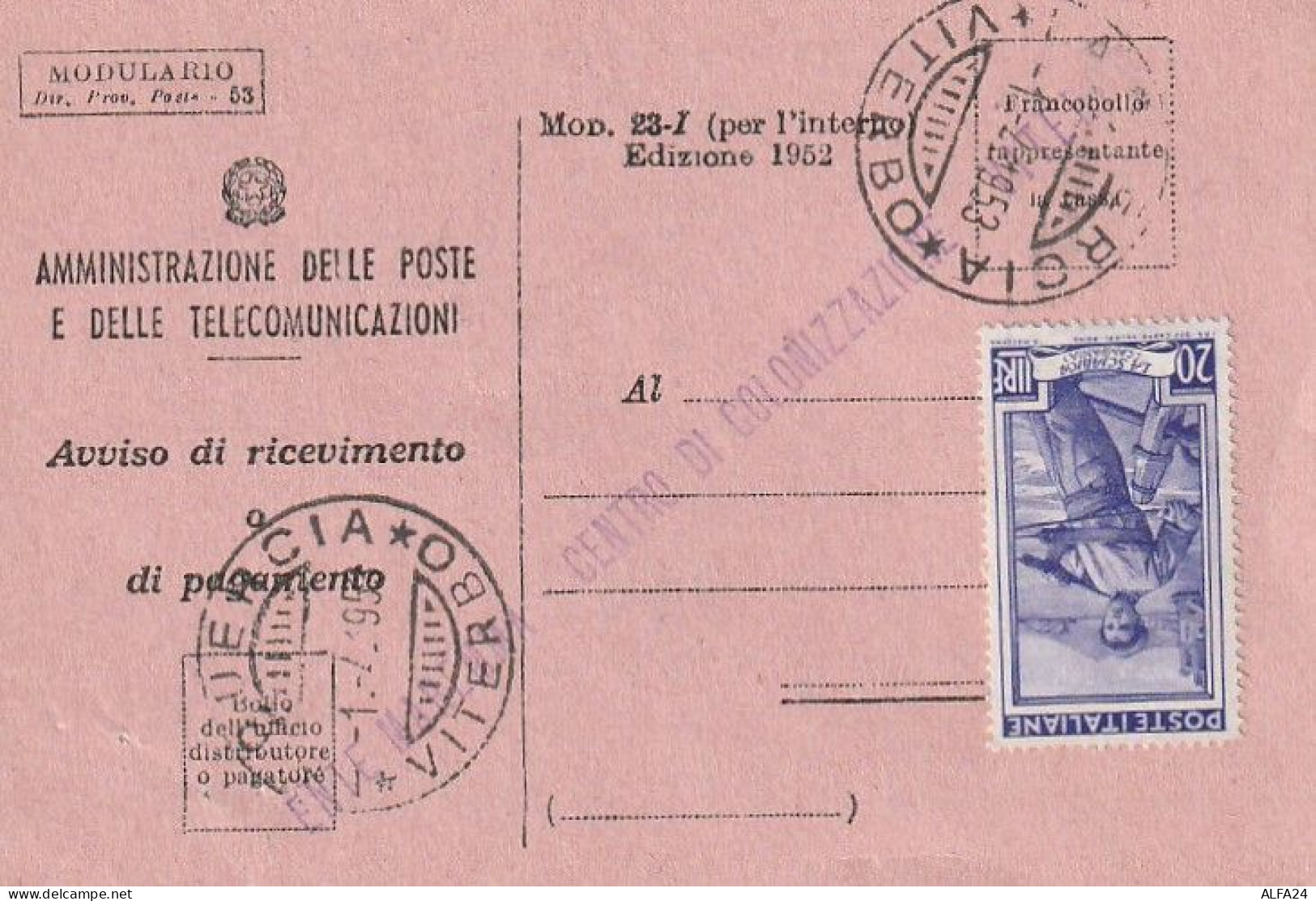 AVVISO RICEVIMENTO 1953 20 TIMBRO VITERBO (XT3689 - 1946-60: Marcophilia