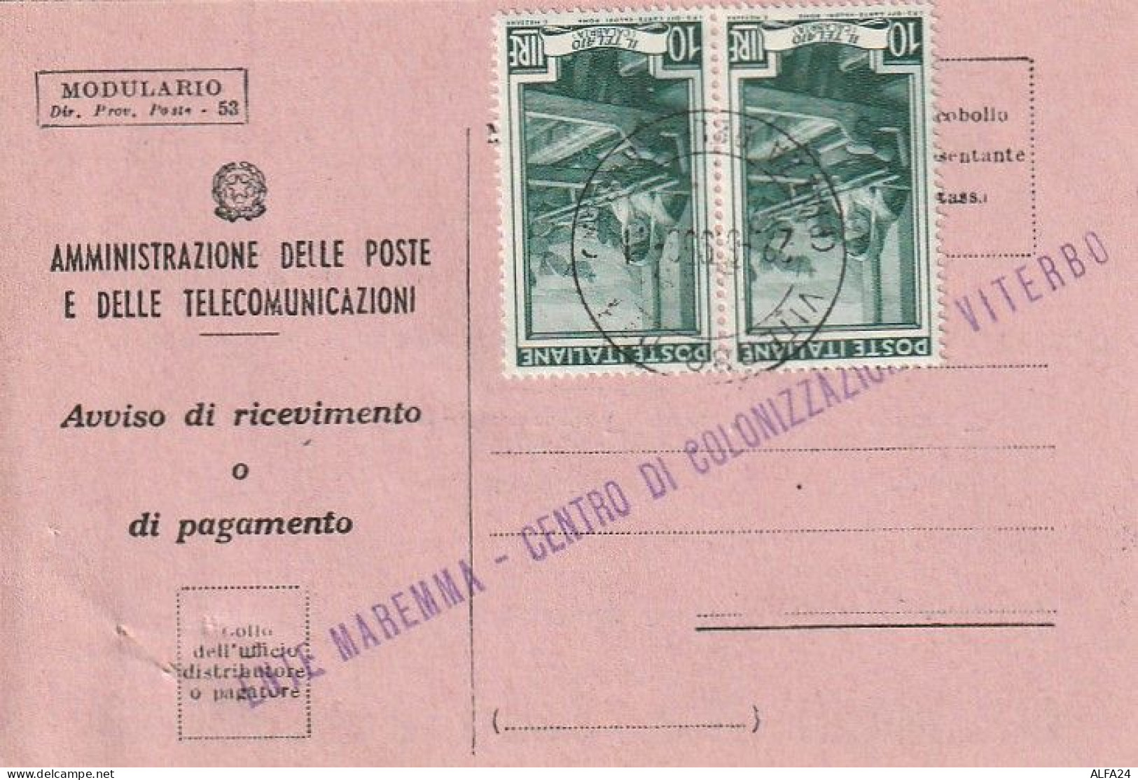 AVVISO RICEVIMENTO 1953 2X10 TIMBRO VITERBO (XT3683 - 1946-60: Marcophilie