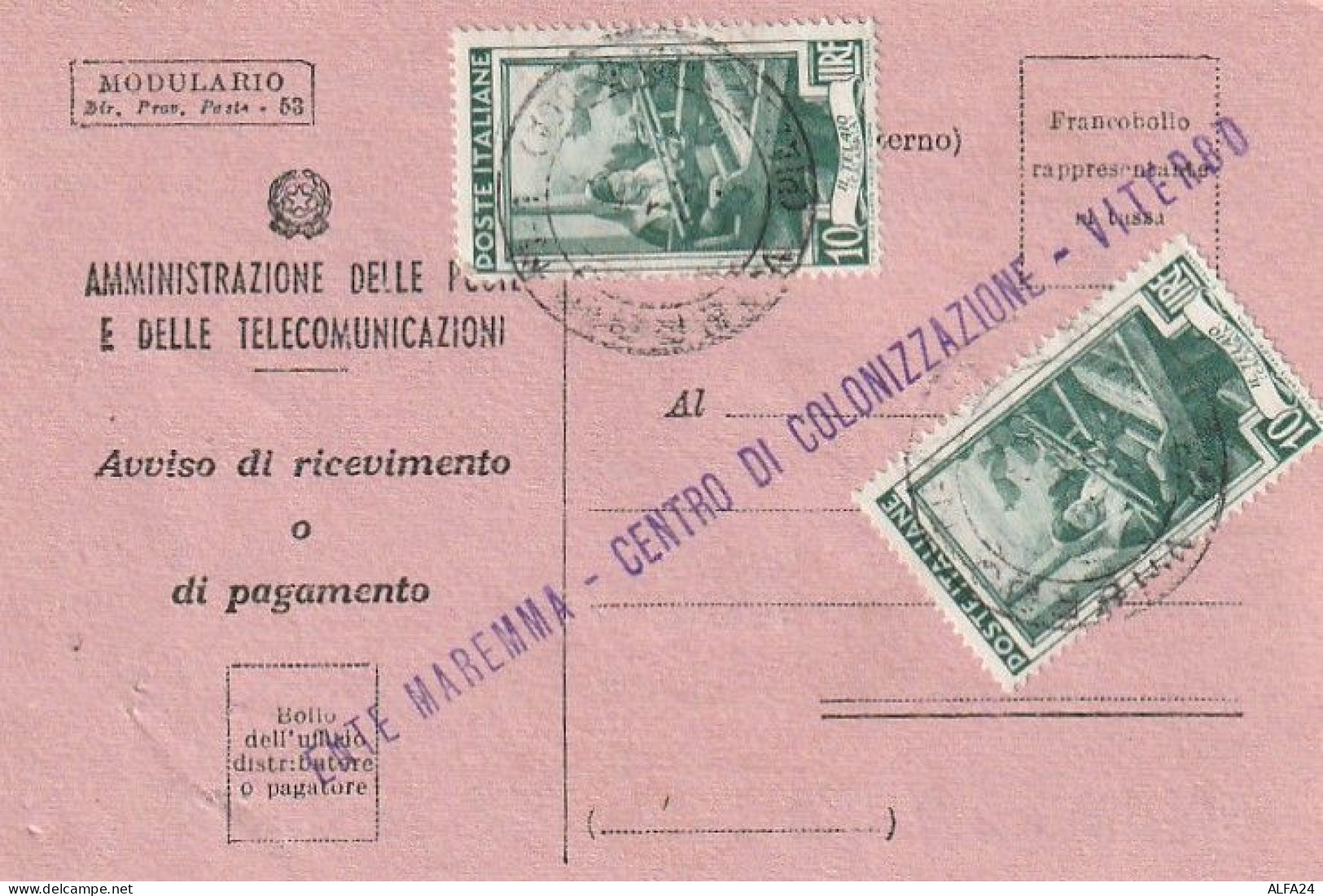 AVVISO RICEVIMENTO 1953 2X10 TIMBRO VITERBO (XT3680 - 1946-60: Marcophilia