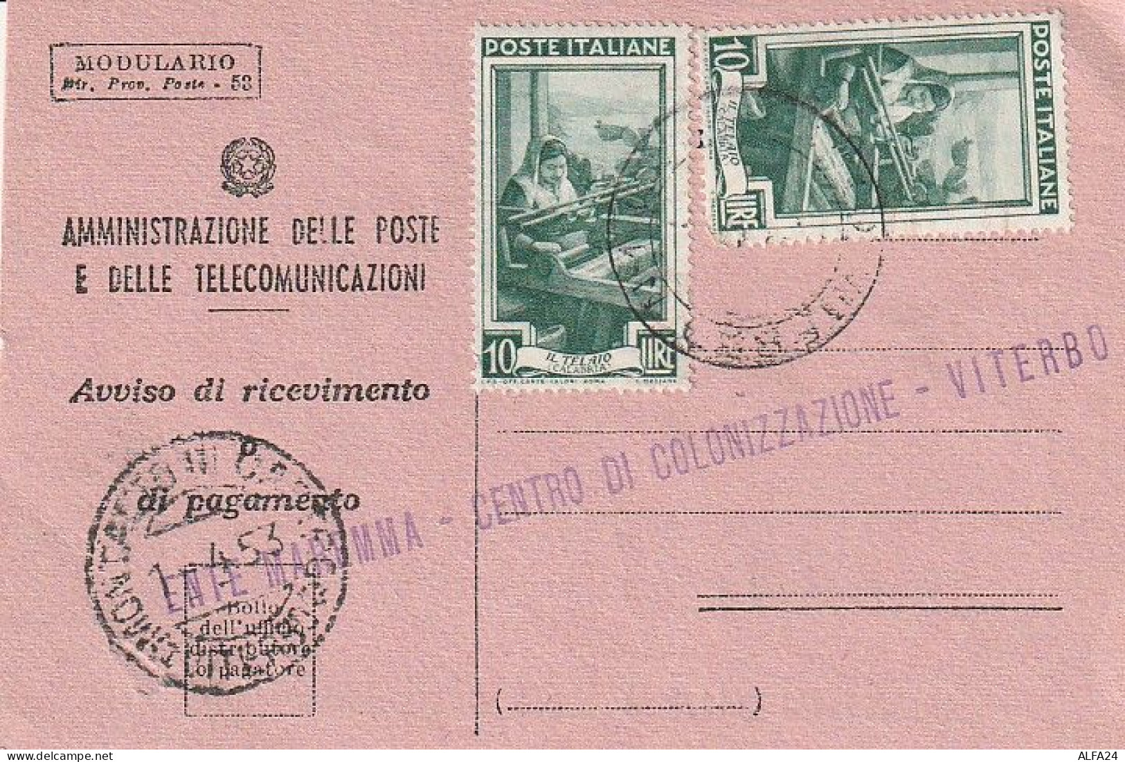 AVVISO RICEVIMENTO 1953 2X10 TIMBRO VITERBO (XT3681 - 1946-60: Marcofilie