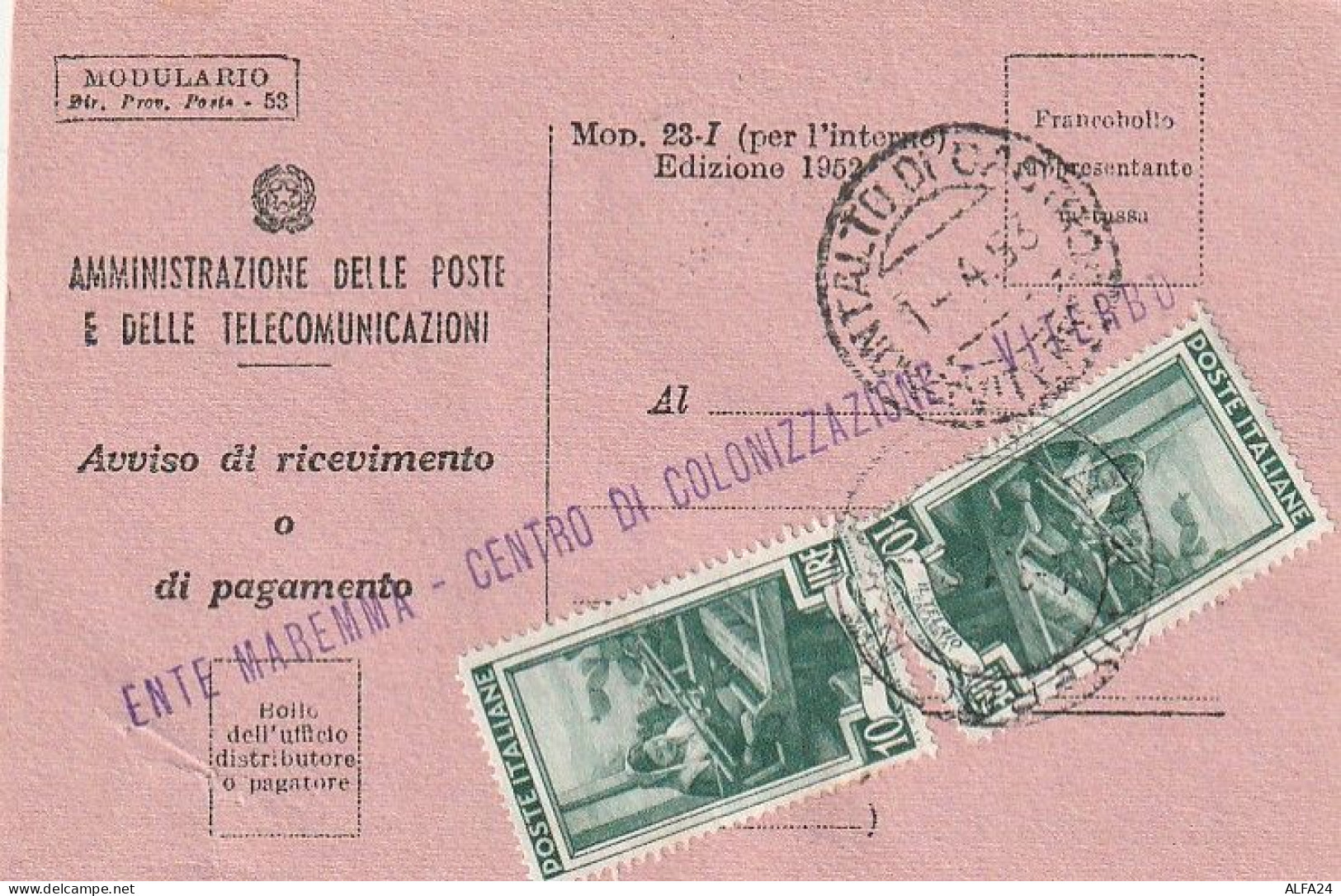 AVVISO RICEVIMENTO 1953 2X10 TIMBRO VITERBO MONTALTO DI CASTRO (XT3679 - 1946-60: Marcofilie