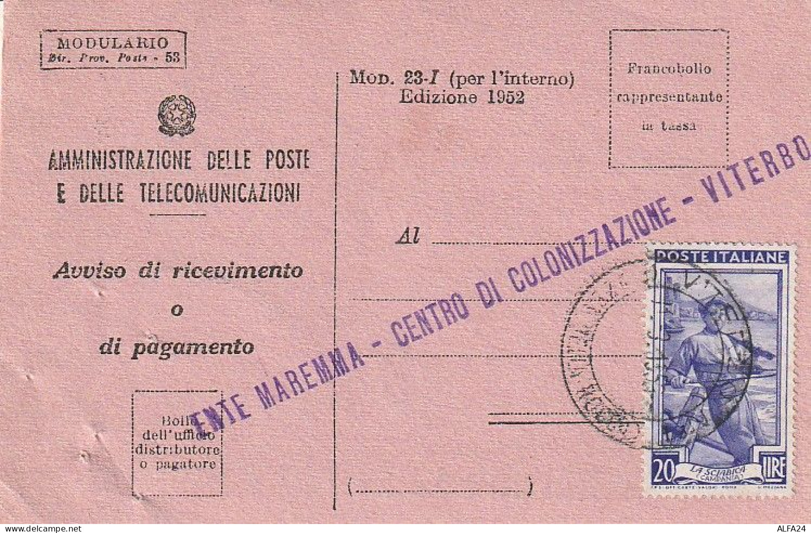 AVVISO RICEVIMENTO 1953 L.20 (XT3675 - 1946-60: Marcophilia