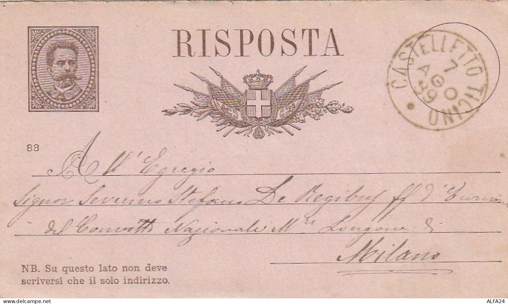 INTERO POSTALE 1889 C.10 TIMBRO CASTELLETTO TICINO (XT3660 - Entero Postal