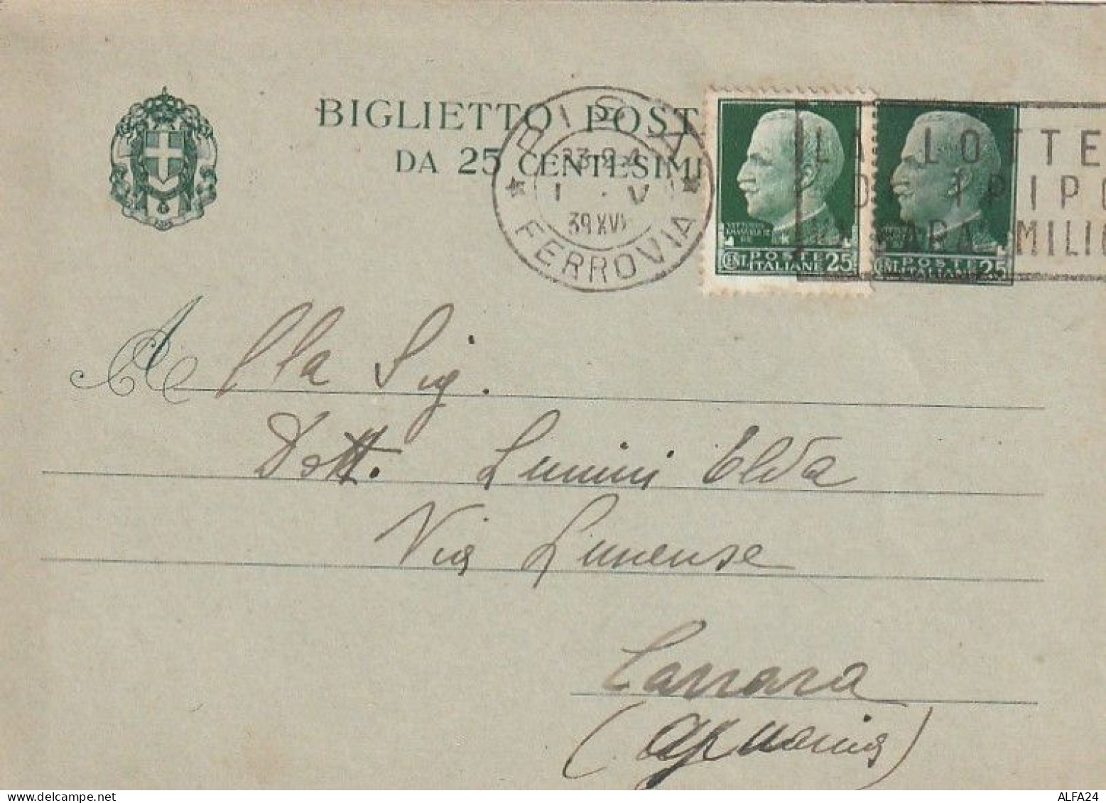 INTERO BIGLIETTO POSTALE 1939 25+25 TIMBRO PISA APUANIA CARRARA (XT3545 - Stamped Stationery