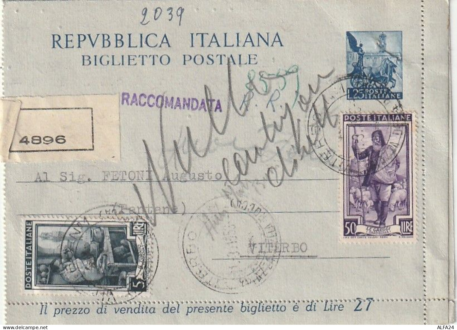 INTERO BIGLIETTO POSTALE 1953 L.25+5+50 TIMBRO VITERBO (XT3539 - Entero Postal