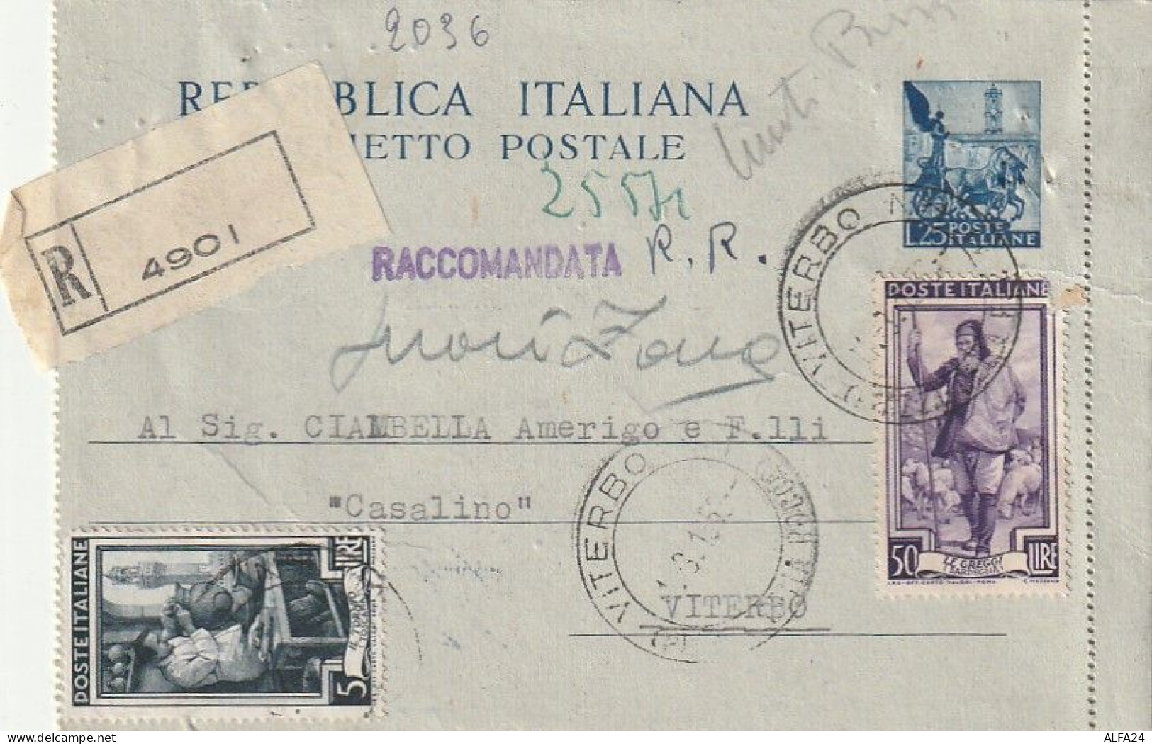 INTERO BIGLIETTO POSTALE 1953 L.25+5+50 TIMBRO VITERBO (XT3538 - Stamped Stationery