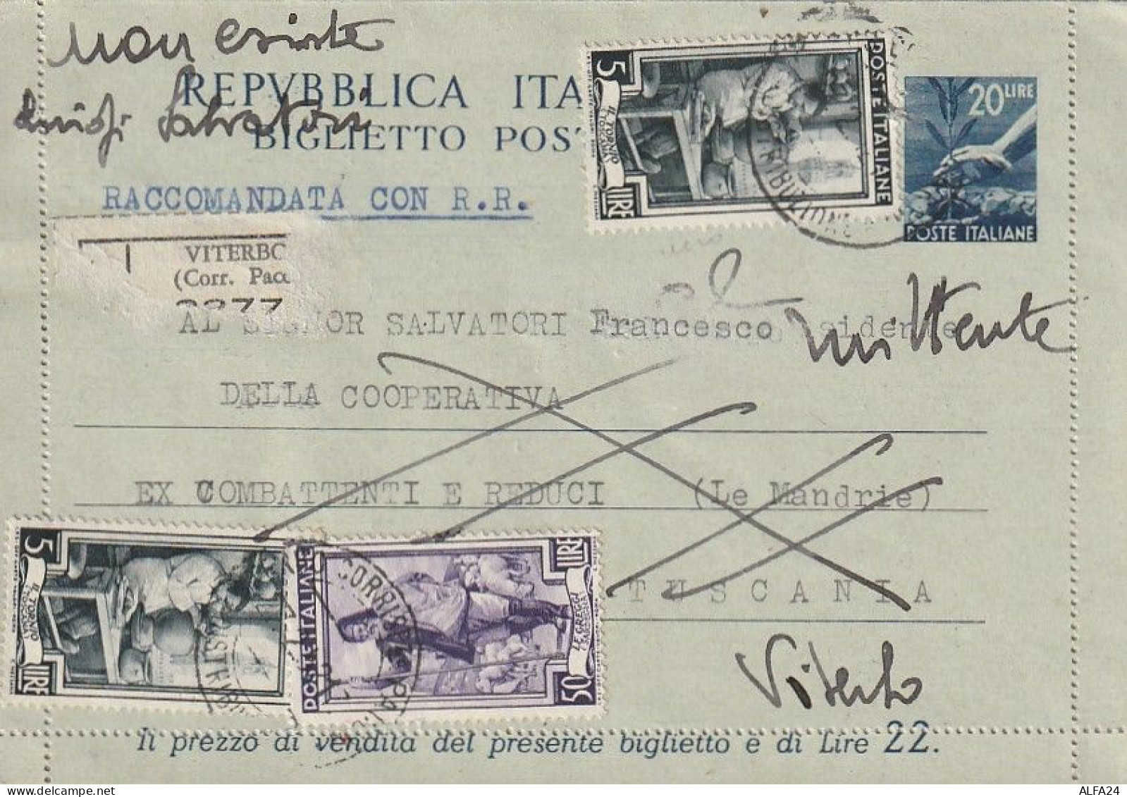 INTERO BIGLIETTO POSTALE 1952 L.20+2X5+50 TIMBRO VITERBO (XT3535 - Stamped Stationery