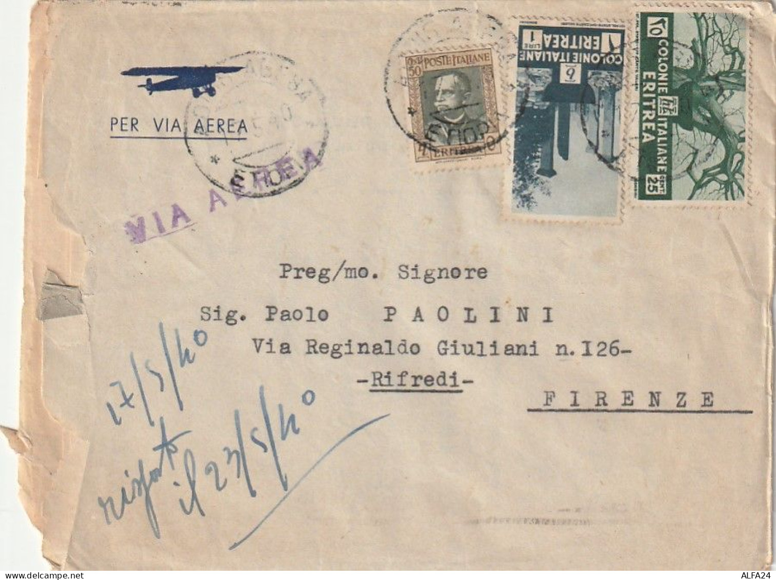 LETTERA 1940 C.50+25+L.1 ERITREA Con Contenuto (XT3505 - Erythrée