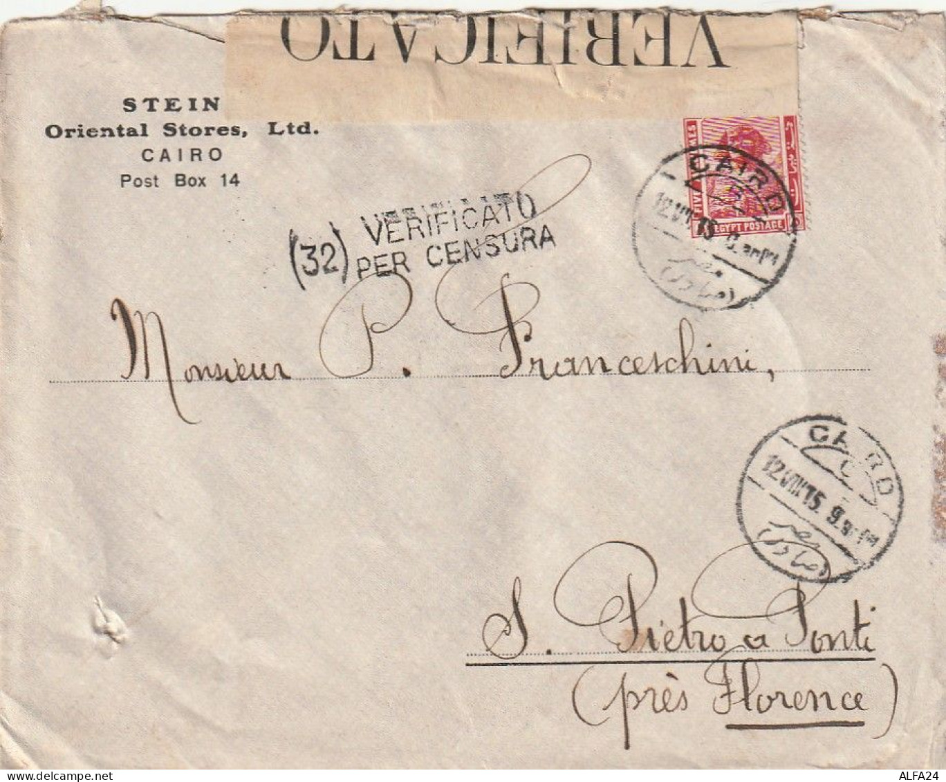 LETTERA 1915 EGITTO DIRETTA ITALIA + ERINNOFILO (XT3473 - 1915-1921 Protectorado Británico