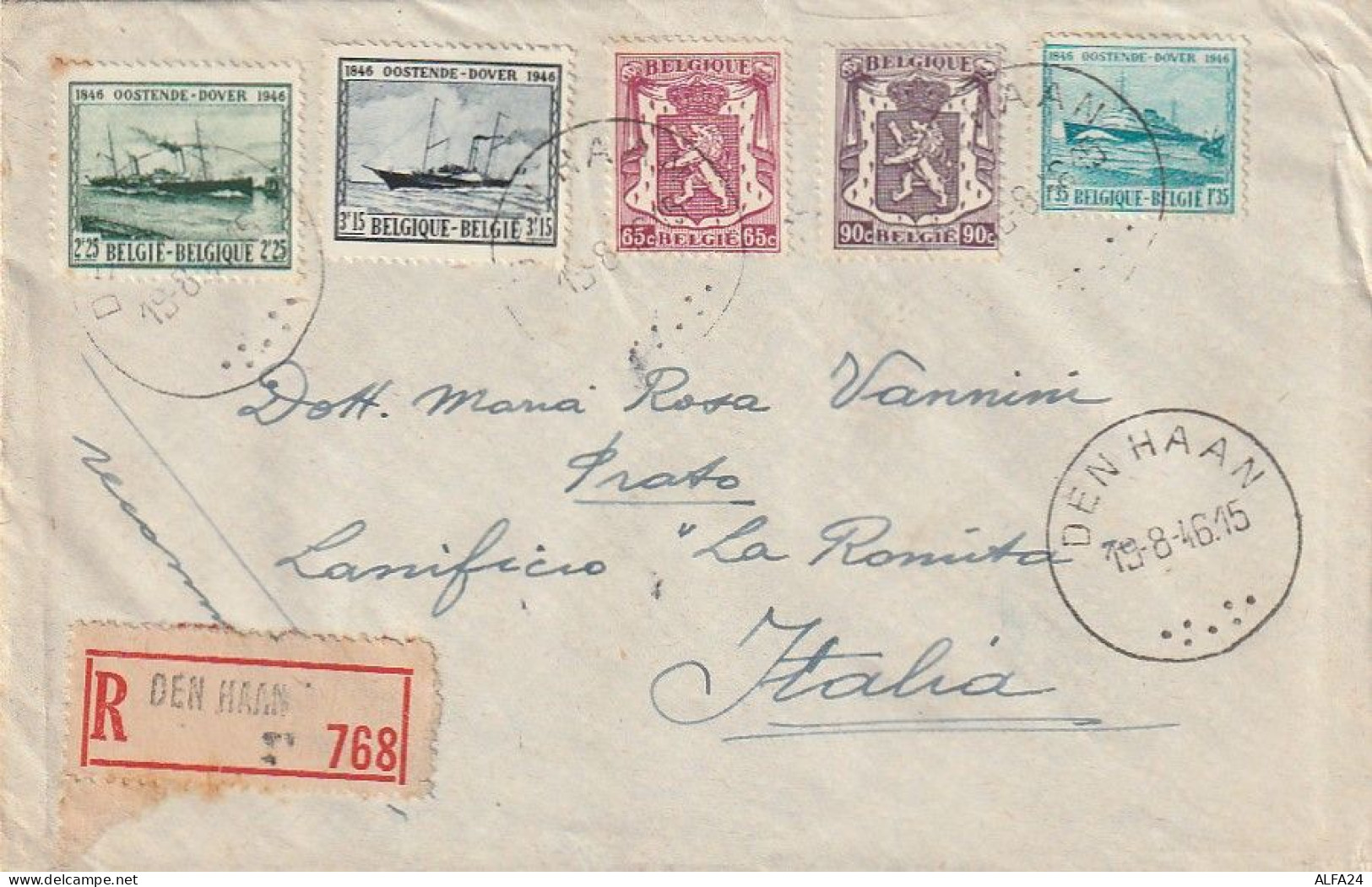 RACCOMANDATA 1946 BELGIO TIMBRO DENHAAN  DIRETTA ITALIA (XT3476 - Lettres & Documents