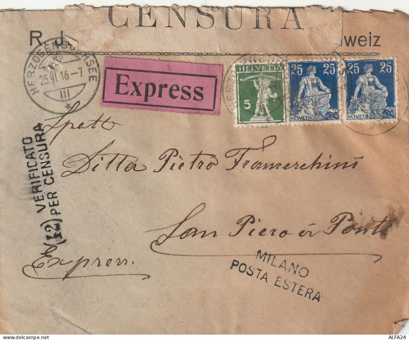 ESPRESSO 1916 SVIZZERA 5+2X25  (XT3456 - Storia Postale