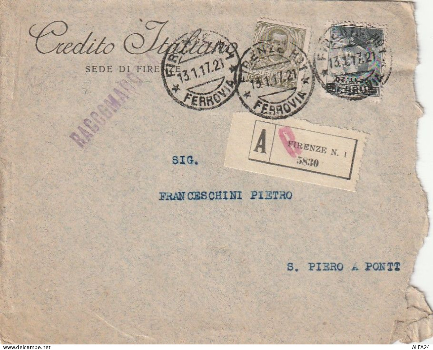 ASSICURATA 1916 C.45+C.20 SS 15 CREDITO ITALIANO PERFIN (XT3447 - Storia Postale