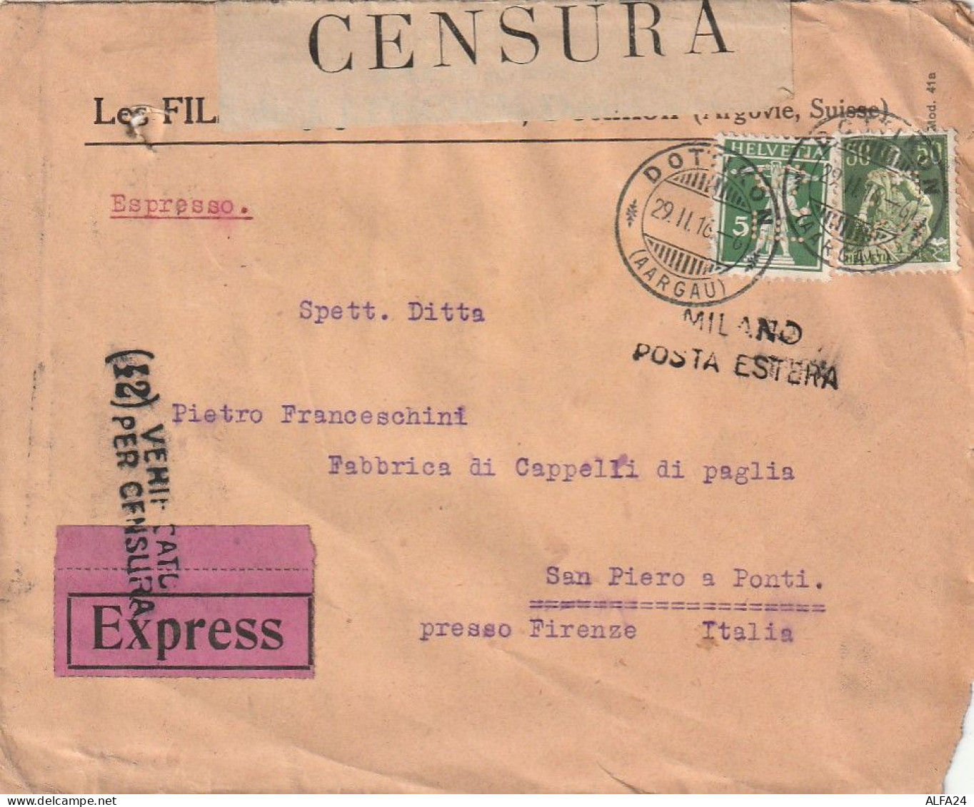 ESPRESSO 1916 SVIZZERA 5+50 PERFIN (XT3452 - Storia Postale
