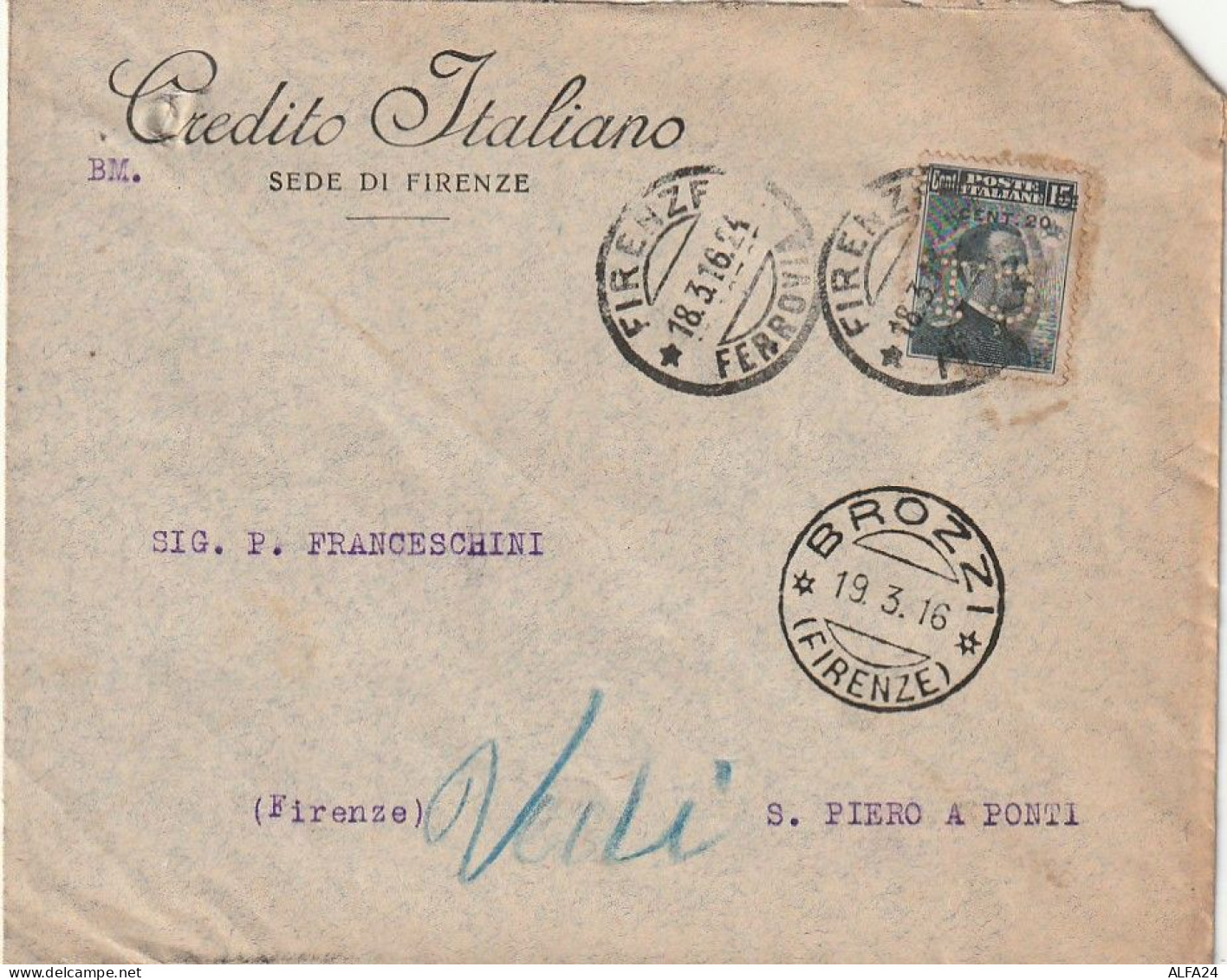 LETTERA 1916 C.20 SS 15 CREDITO ITALIANO PERFIN (XT3433 - Storia Postale