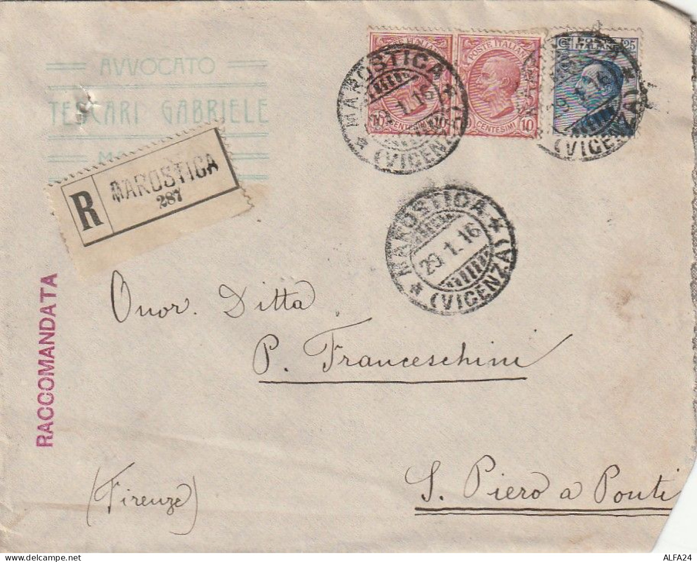 RACCOMANDATA 1916 2X10 +25 TIMBRO MAROSTICA VICENZA (XT3429 - Storia Postale